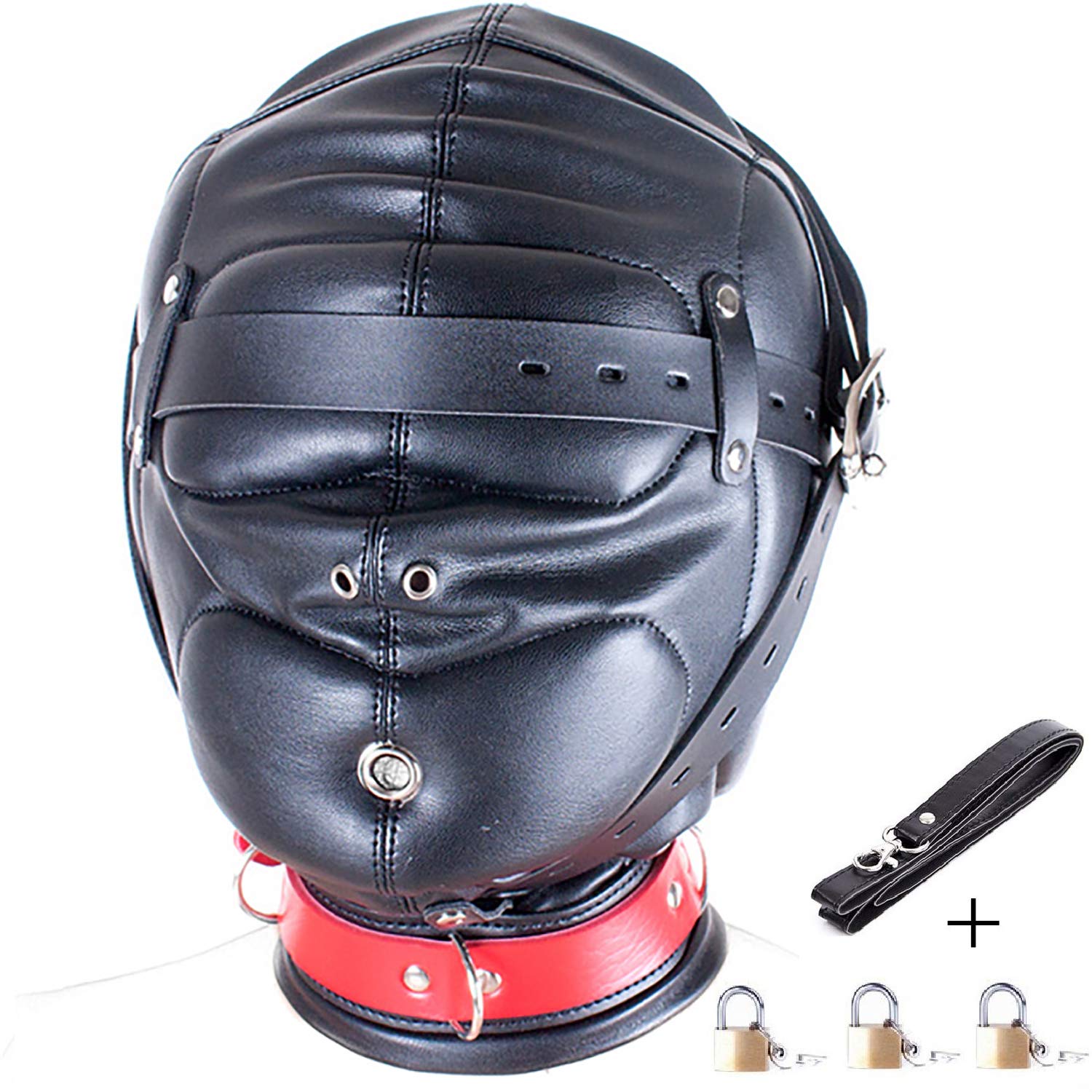 BDSM Leather Gimp Mask Hood - Black Full Face Blindfold, Breathable Restraint Head Cover for Adults & Couples - Fetish Gear for BDSM Play, LGBT Cosplay, Sensory Deprivation & Bondage Training