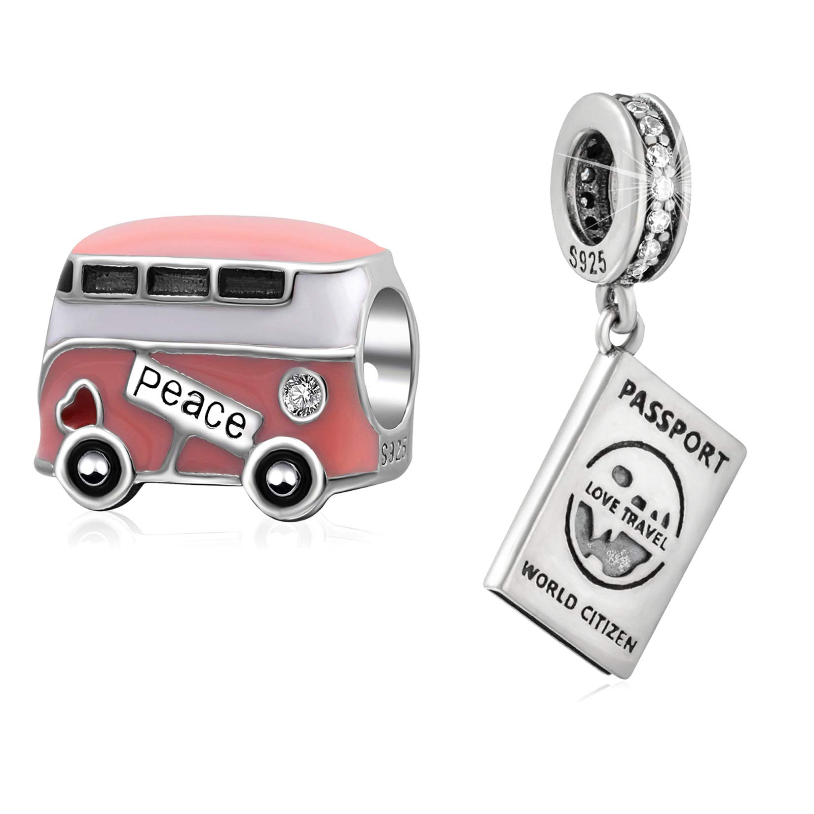 EMOSTAR 925 Sterling Silver Travel Charms Set - DIY Bracelet Charms, Passport Jewelry & Pink Peace Bus Pendants - Perfect Gift for Mother's Day, Summer & Christmas - Ideal for Travel Lovers, Vacation Accessories & Sentimental Jewelry Gifts