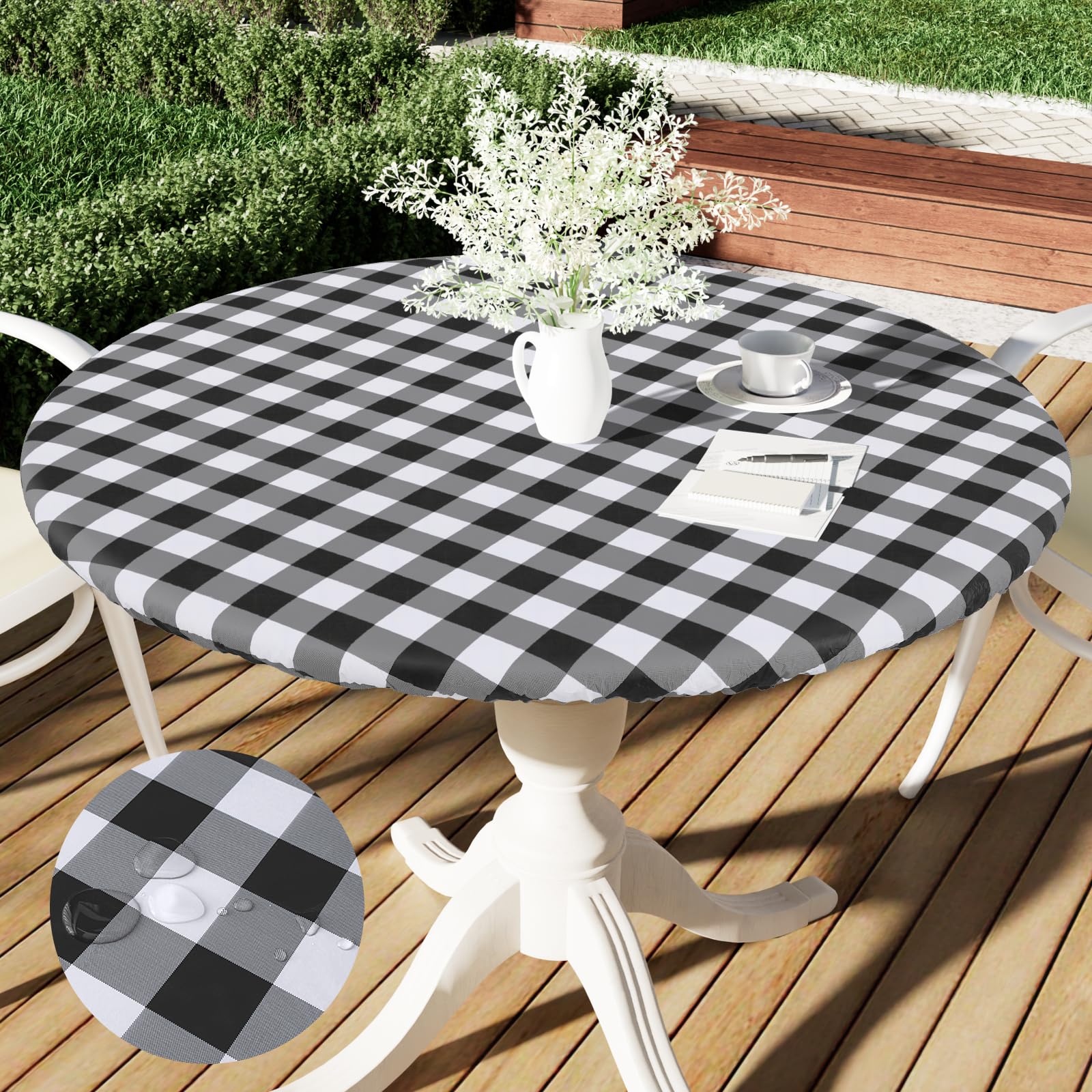 Smiry Round Elastic Waterproof Fitted Vinyl Tablecloth for 57-68 Inch Tables - Flannel Backed Buffalo Plaid Table Cover for Dining, Camping, Outdoor Use - Black and White Checkered Picnic Table Cloth Perfect for BBQs, Patio Parties & Picnics