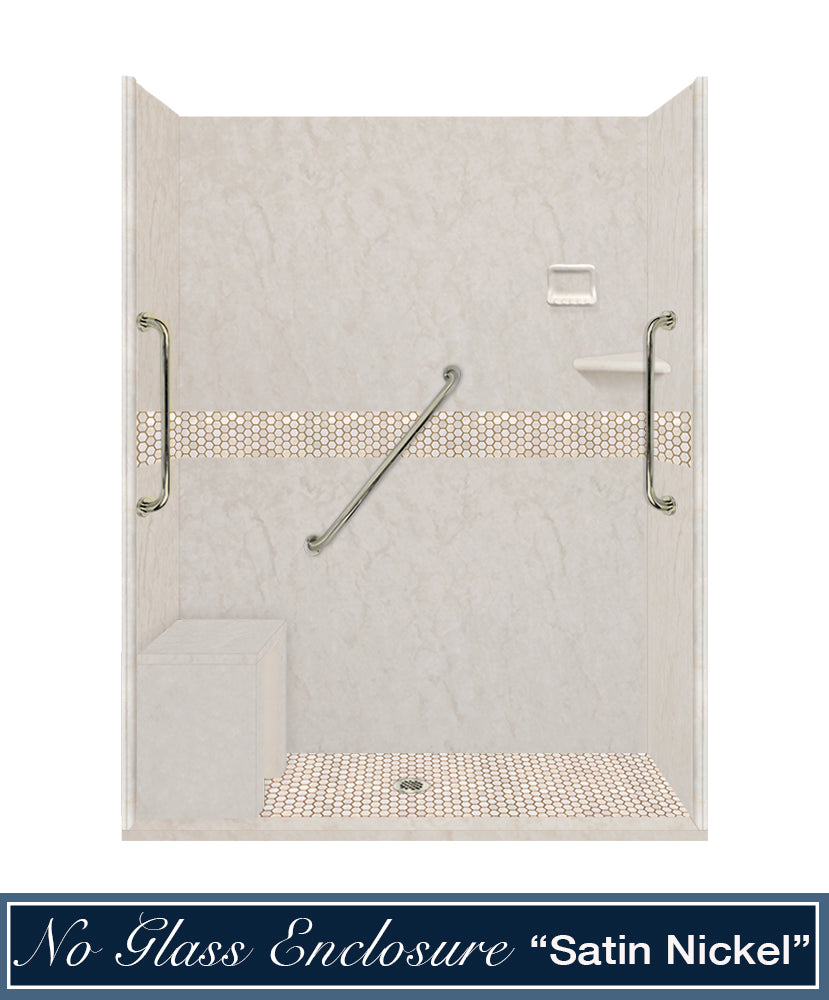 Freedom Rafe Marble Honey Hex Mosaic Alcove Shower Enclosure Kit - Waterproof Bathroom Tile Set for Modern Home Renovation, DIY Shower Wall Installation, Spa-Style Bathroom Upgrade