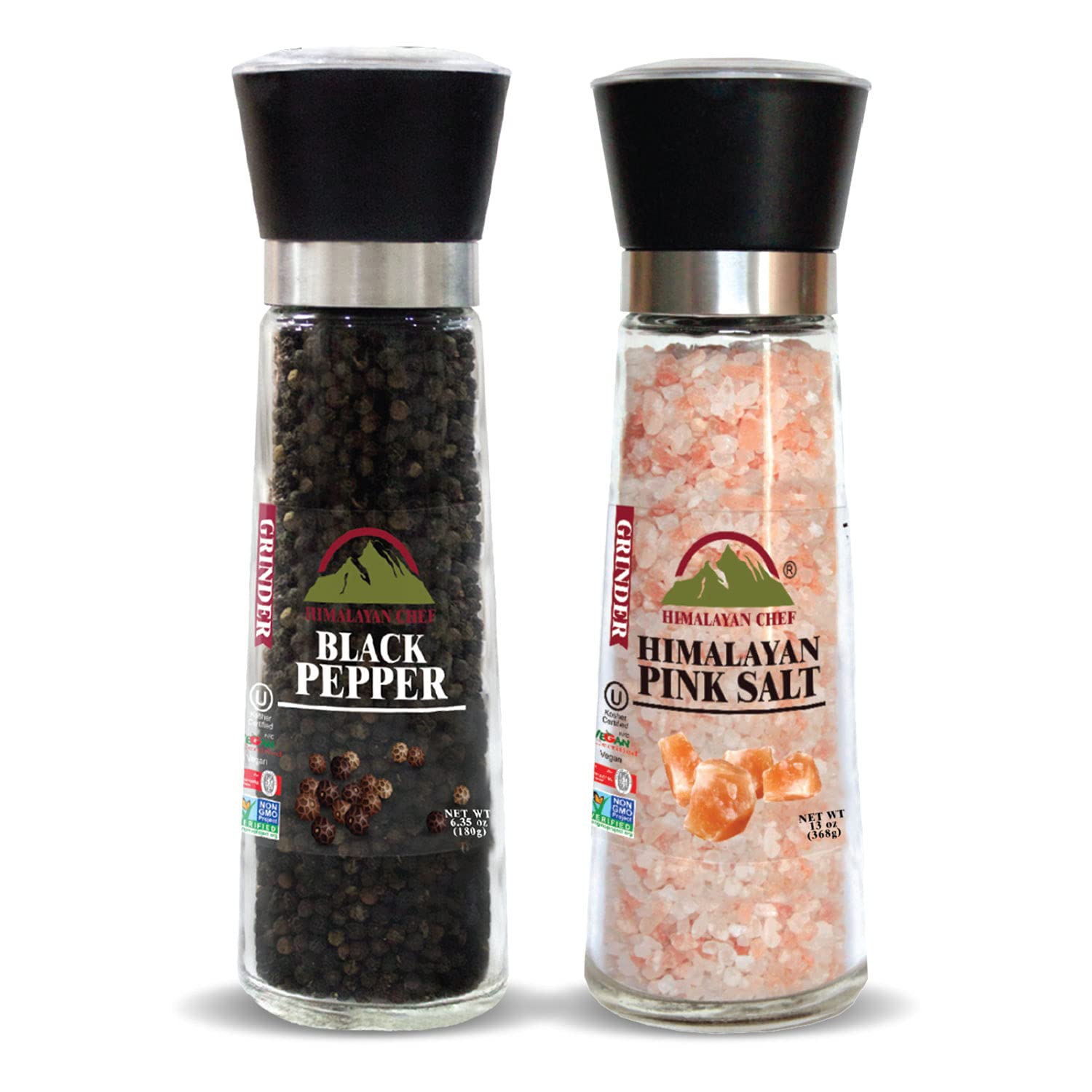 Himalayan Chef Stainless Steel Himalayan Salt and Pepper Grinder Set - Adjustable Coarseness, Tall Glass Shakers for Kitchen, Dining Table & Outdoor Cooking - Premium Spice Mill for Gourmet Meals