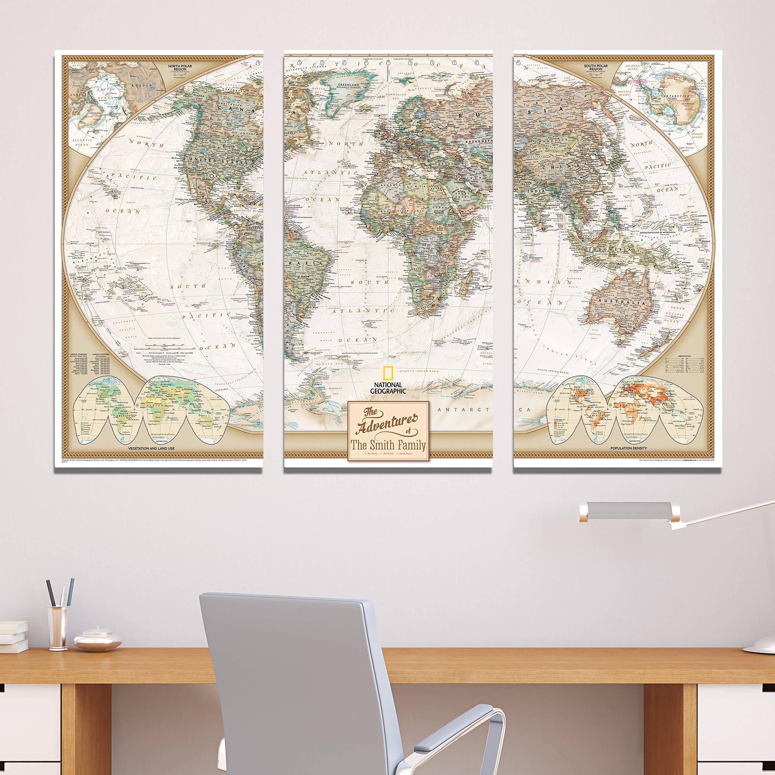 Personalized Extra Large 3-Panel Canvas Executive World Travel Map with Pins - Perfect for Home Office Decor, Travel Enthusiasts & Gift Ideas