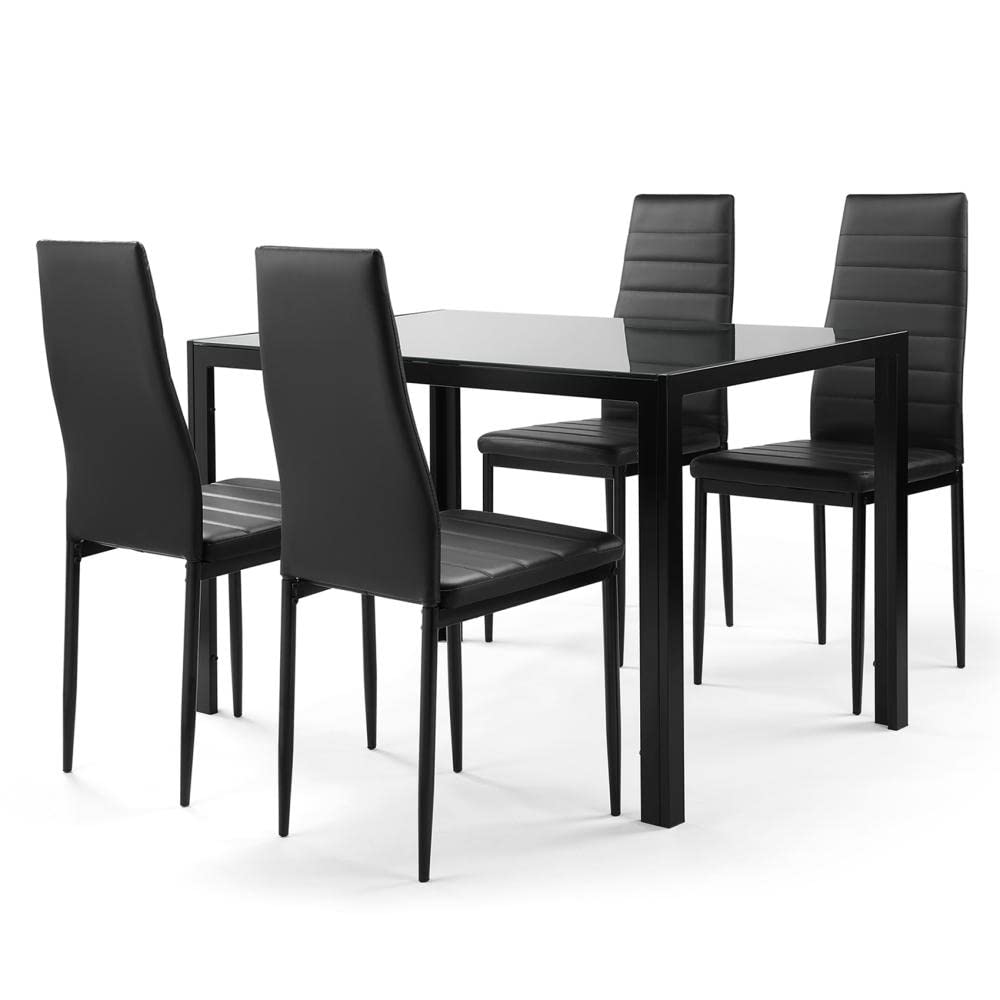 5-Piece Modern Dining Table Set for Small Spaces - Rectangular Kitchen Table with 4 Faux Leather Chairs, Glass Tabletop & Metal Frame - Perfect for Apartments, Breakfast Nooks & Cozy Family Meals