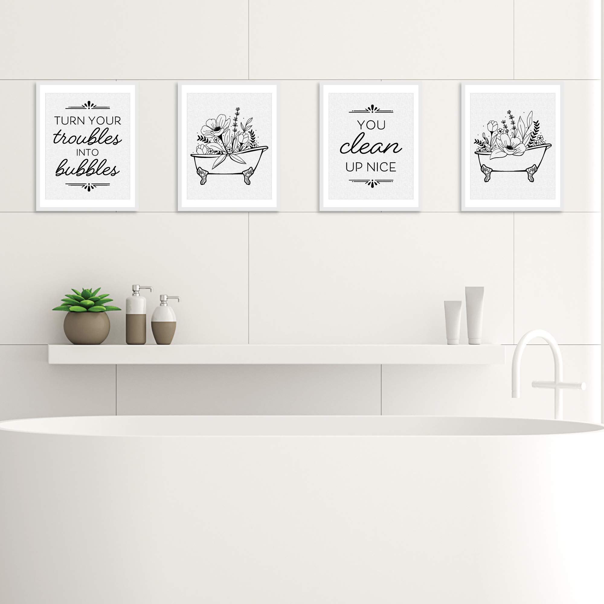 Big Dot of Happiness Turn Your Troubles Into Bubbles - Set of 4 Unframed 8x10 Inch Black & White Bathroom Wall Art Prints - Perfect for Spa Decor, Relaxation Spaces & Home Interior Design