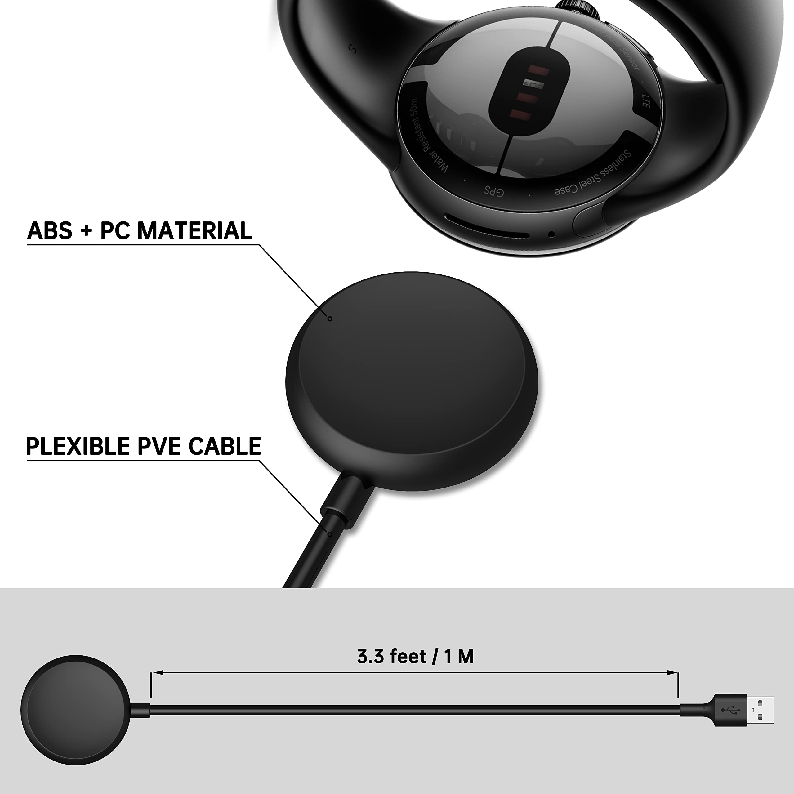 Google Pixel Watch Charger - 3.2Ft Magnetic USB Charging Cable & Stand | Fast Charging Cord for Pixel Watch | Perfect for Home, Office & Travel Use