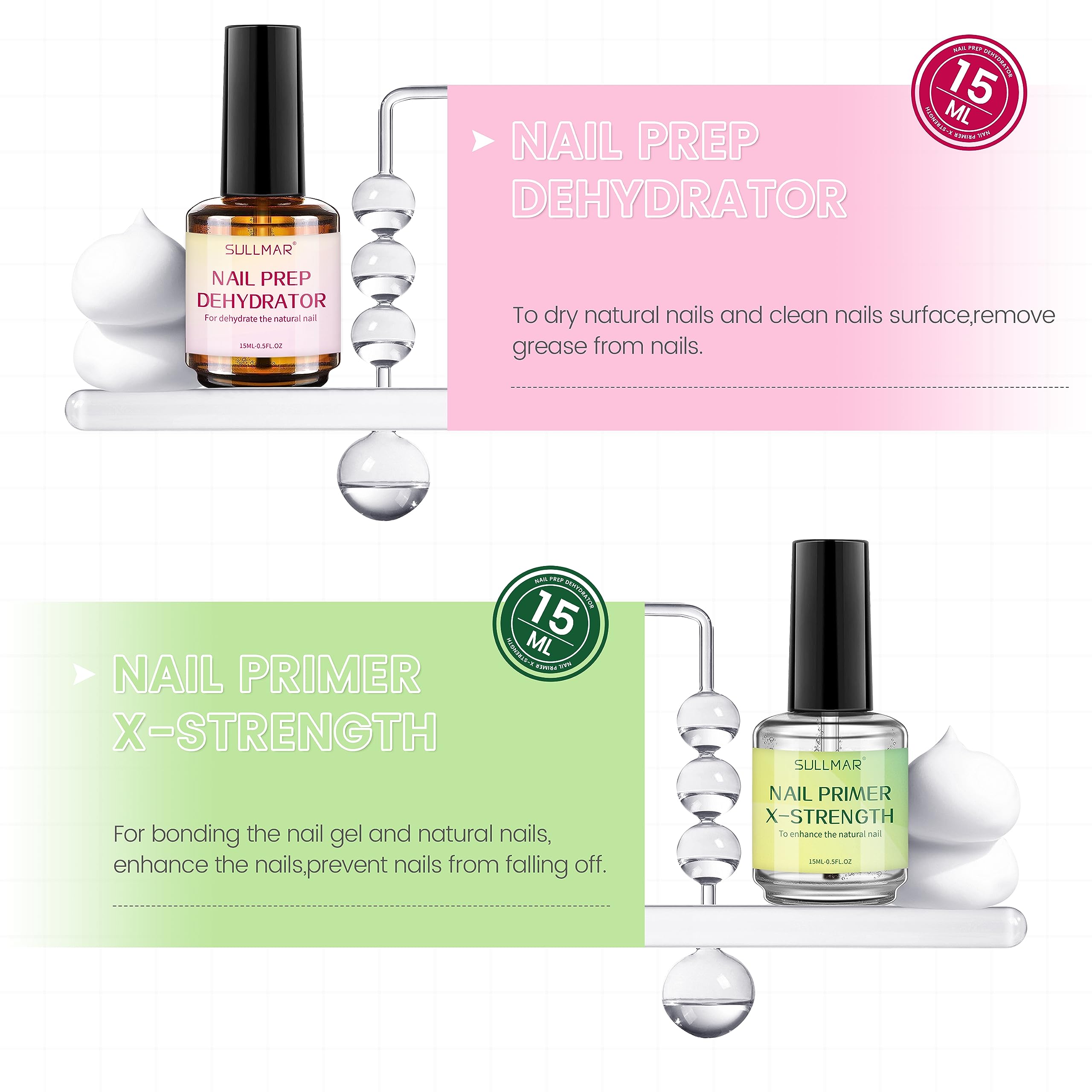 15ml X-Strength Nail Prep Dehydrator & Primer Set - Professional Acrylic Nail Bonding Kit with Cuticle Oil & Strengthener | Salon-Grade Nail Care for Stronger, Long-Lasting Manicures at Home or Professional Use