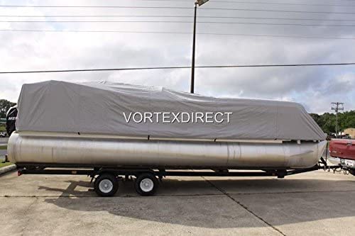 **28 FT VORTEX Ultra 5-Year Heavy-Duty Canvas Pontoon Boat Cover – Elastic Hem & Adjustable Strap System – Fits 27'1