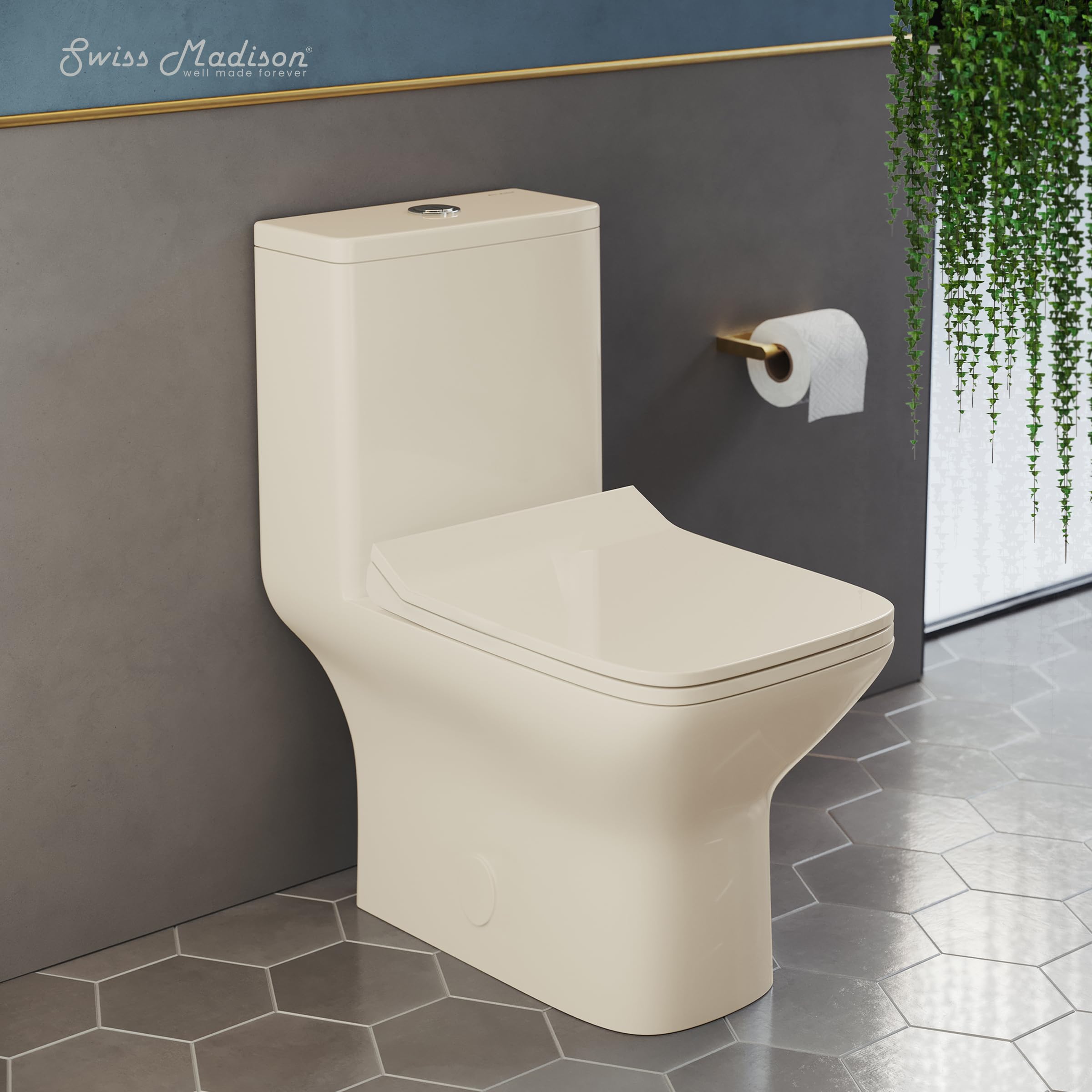 Swiss Madison SM-1T256 Carre Modern One-Piece Square Toilet - Dual Flush 1.1/1.6 GPF - Compact Bathroom Toilet in Bisque | Perfect for Small Bathrooms & Contemporary Home Decor
