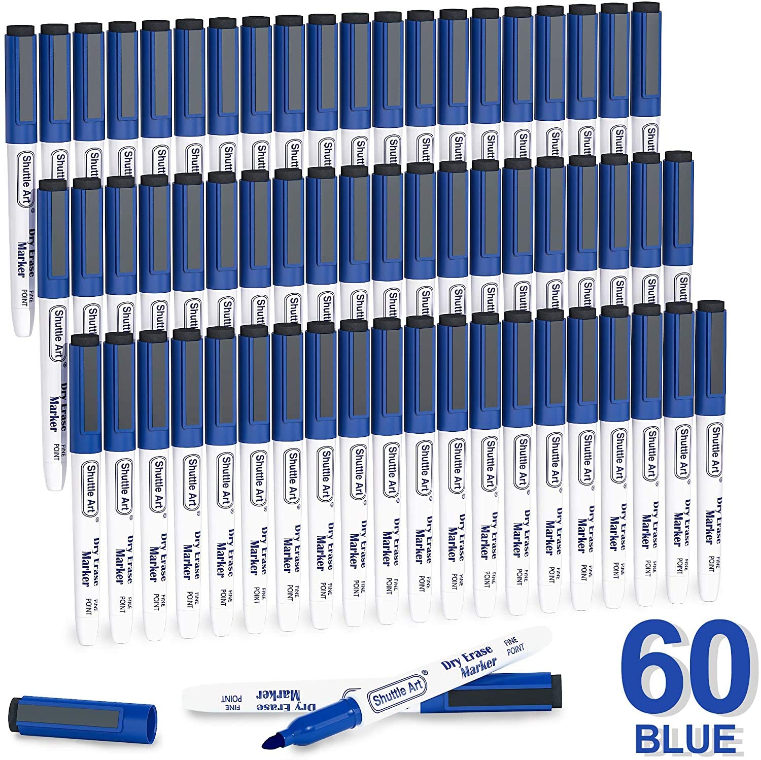 Shuttle Art 60 Pack Fine Point Dry Erase Markers - Magnetic Whiteboard Markers with Eraser for School, Office & Home - Perfect for Whiteboards, Glass, Mirrors & Refrigerators - Ideal for Teaching, Presentations & Home Organization