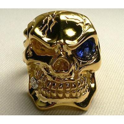 14K Yellow Gold Blue Sapphire Skull Ring for Men - Gothic Punk Jewelry for Bikers, Rockers & Fashion Enthusiasts