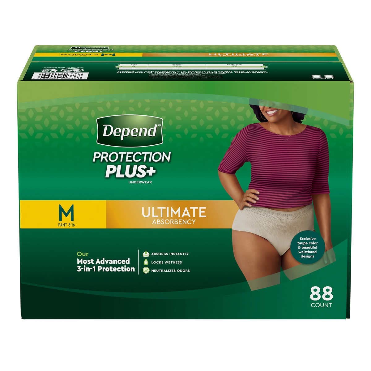 Depend Protection Plus Ultimate Underwear for Women - Medium Absorbency (88 Count) - Premium Incontinence Underwear for Active Women, Day & Night Protection, Discreet Comfort for Workouts, Travel & Daily Activities