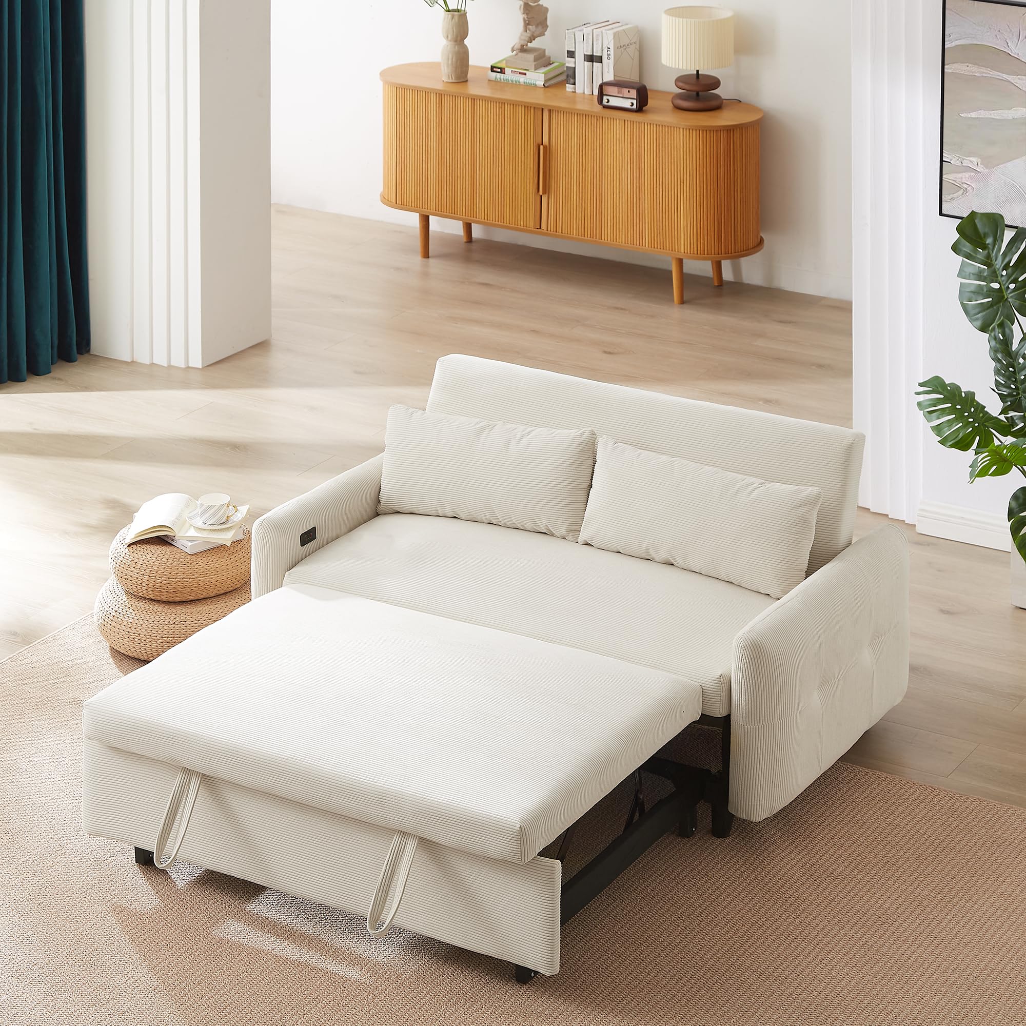 Merax Convertible 2-Seater Pull-Out Sofa Bed with USB Ports & Throw Pillows - Modern Sleeper Loveseat for Small Spaces | Living Room, Guest Room & Studio Apartment Furniture (Beige)