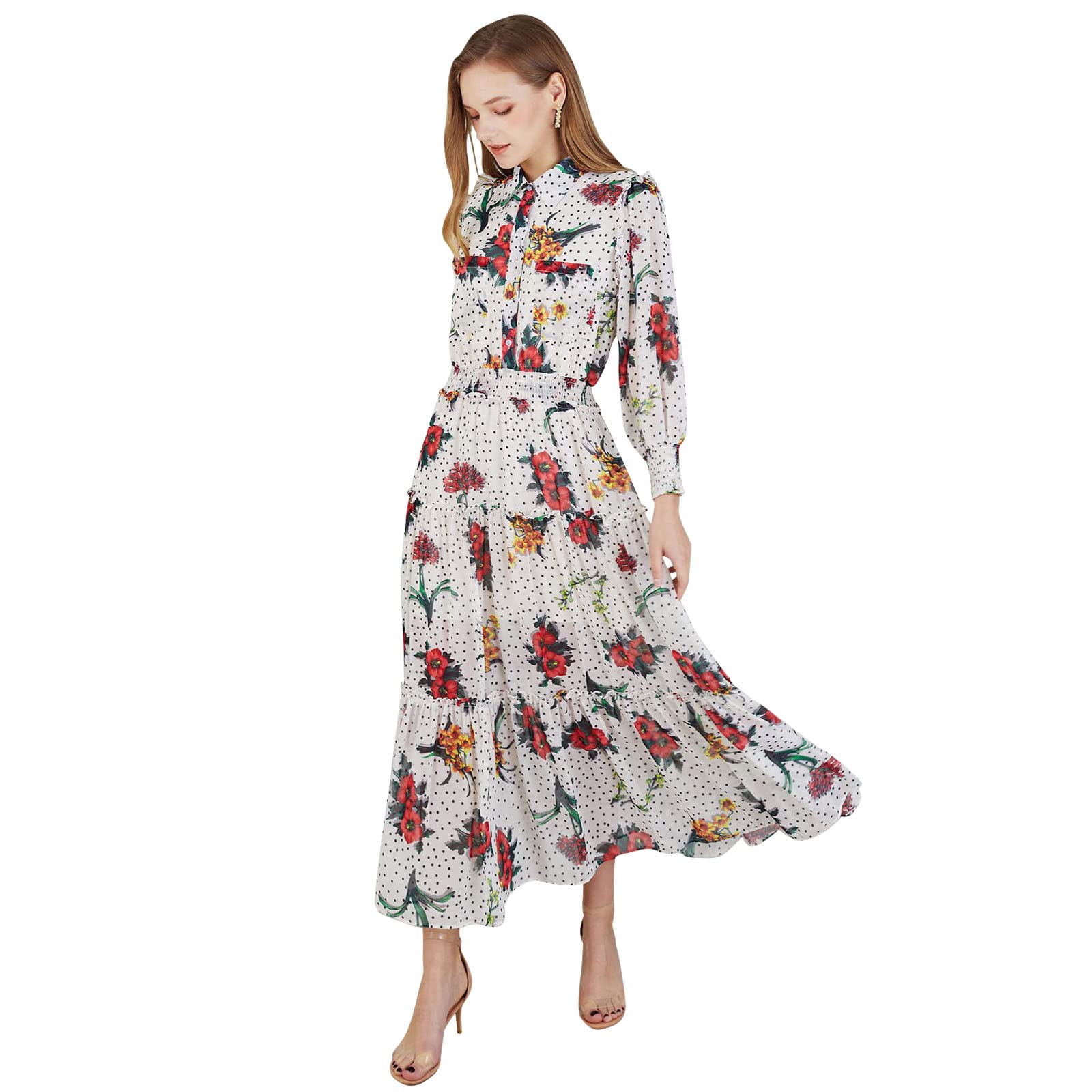 Chicwish Women's Polka Dot Floral Print Chiffon Maxi Dress - Elegant Summer Beach Wedding Party Dress with Flowy Long Skirt