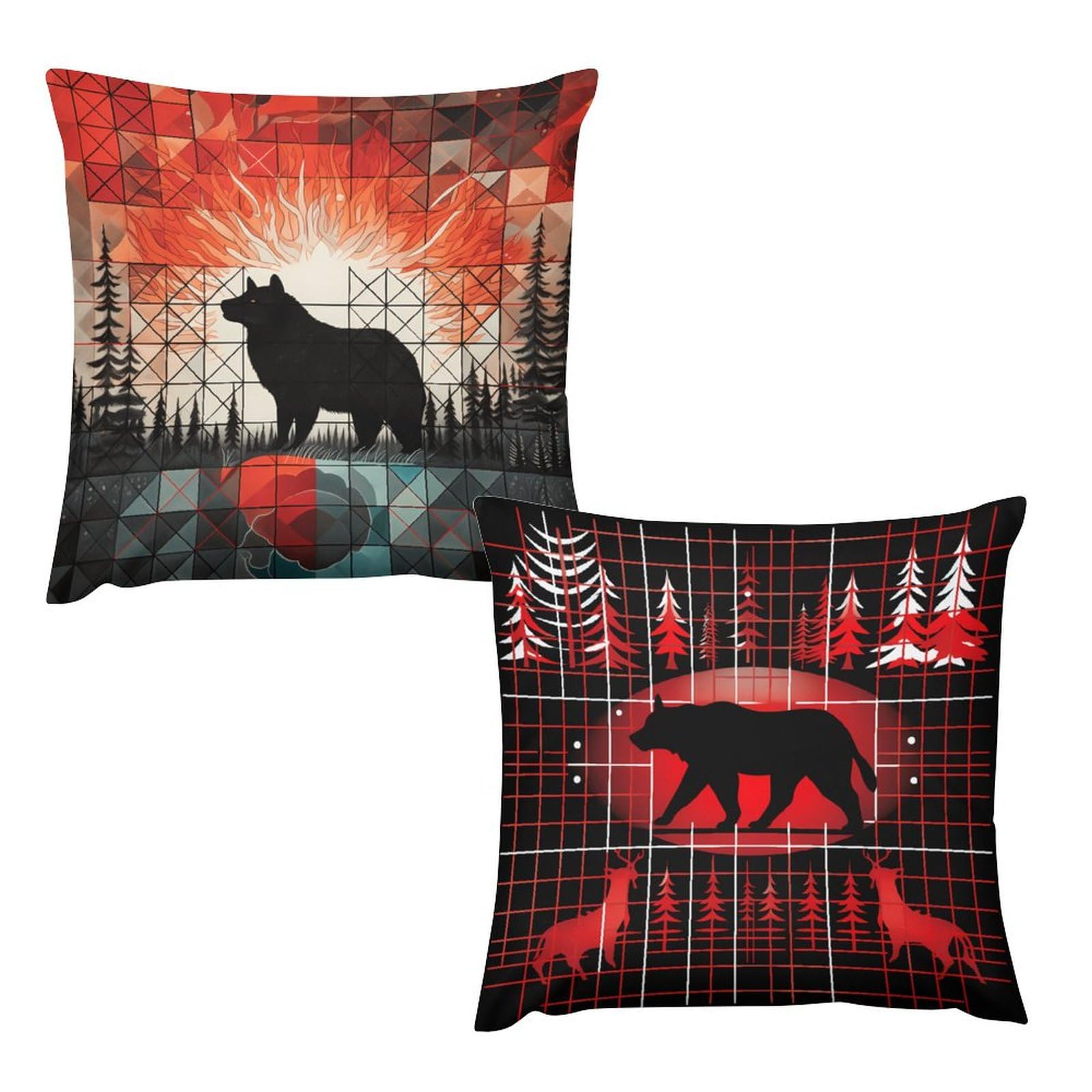ITFRO Set of 2 Bear & Deer Plush Throw Pillow Covers - 18x18 Inch Retro Forest Animal Farmhouse Decor for Sofa, Bed, Living Room - Nature Wildlife Bonfire Pine Tree Design - Perfect for Rustic Cabin, Lodge & Cozy Home Decor
