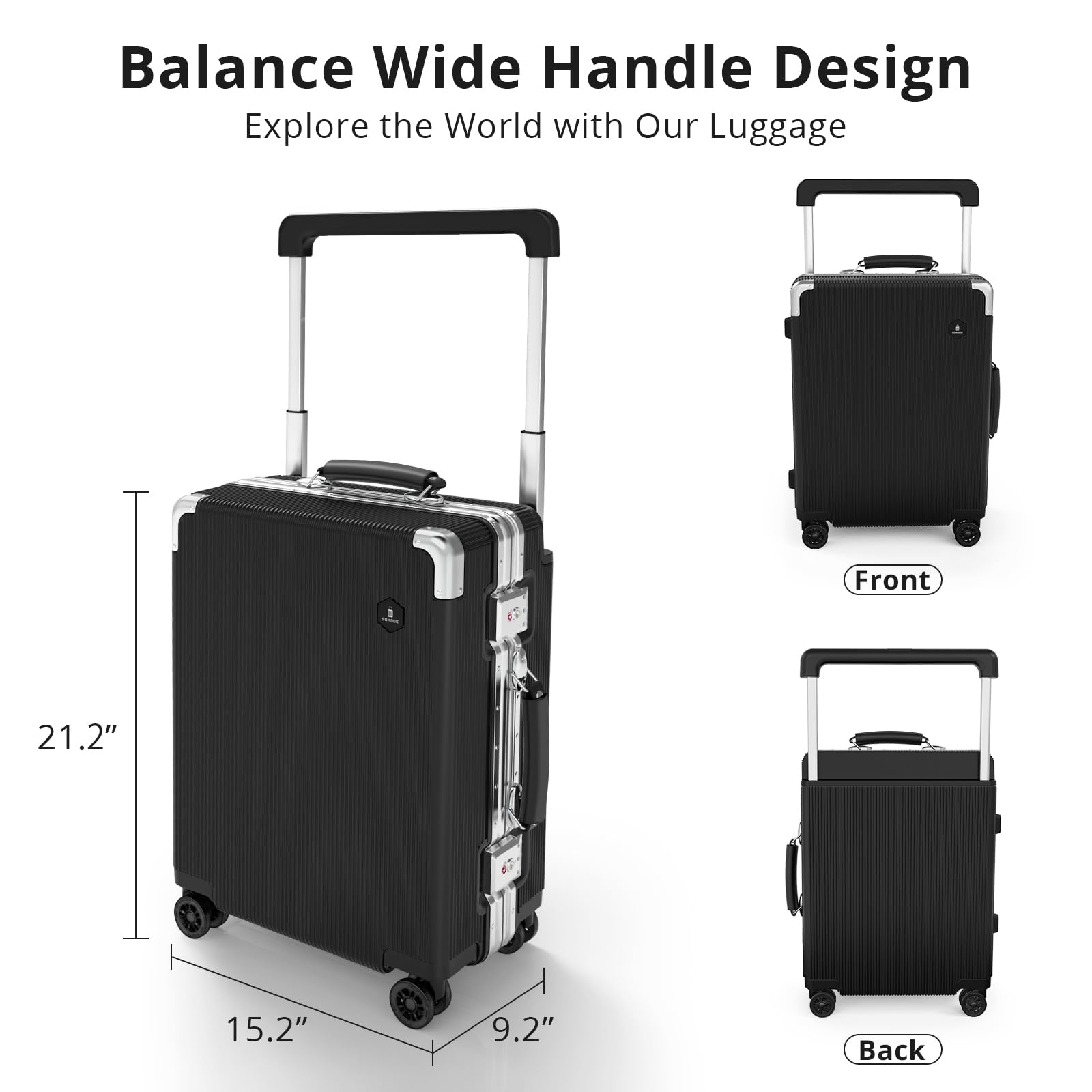20 Inch Carry On Luggage with Wide Handle - TSA Lock, Ultra-Quiet Spinner Wheels & Aluminum Frame Hard Shell Suitcase (Black) | Perfect for Air Travel, Business Trips & Weekend Getaways