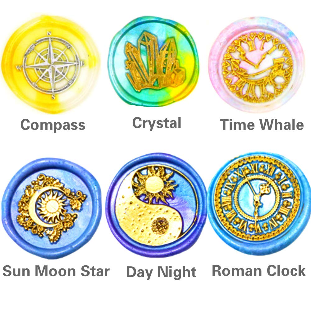 VIHOME 6-Piece Wax Seal Stamp Set - Clock, Crystal Compass, Sun, Moon, Star & Whale Designs with Wooden Handle - Vintage Copper Seals for Wedding Invitations, DIY Scrapbooking & Gift Wrapping