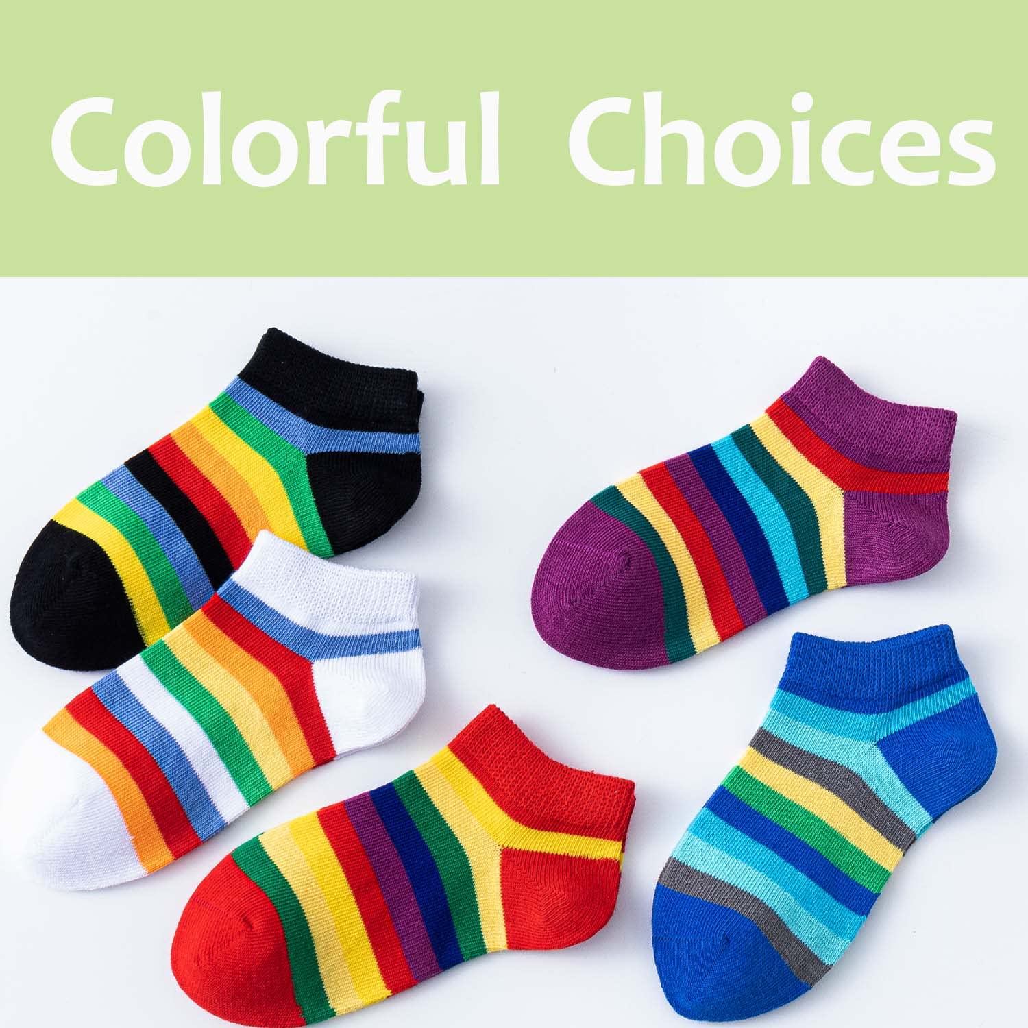Marchare Girls Seamless Cotton Socks - 5 Pack Rainbow Striped Crew Socks for Kids, School, Play & Everyday Wear