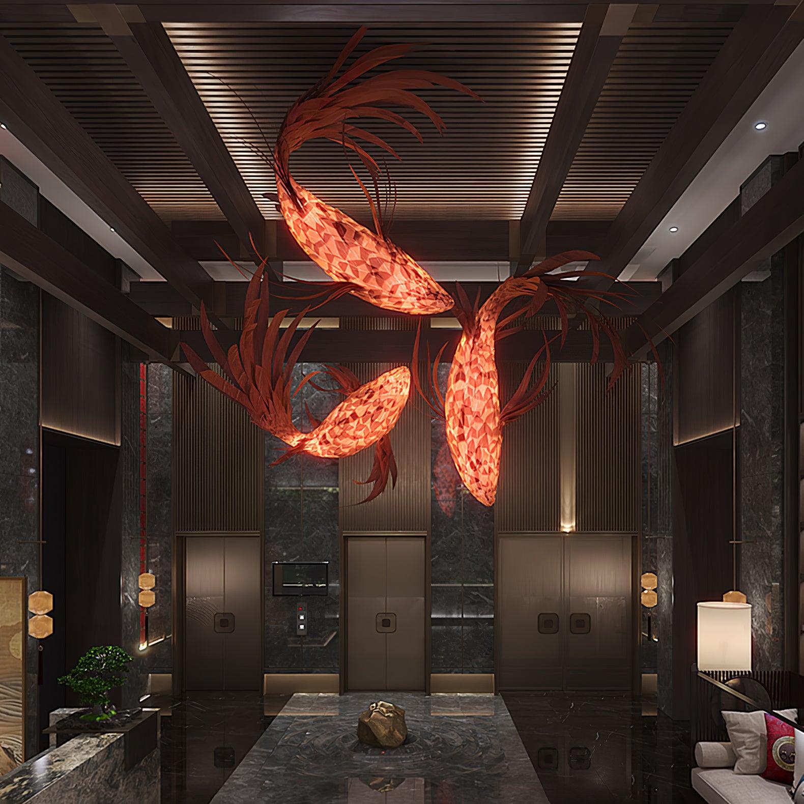 Elegant Crimson Swirl Koi Chandelier - Handcrafted Glass Pendant Light for Dining Room, Living Room & Bedroom Decor