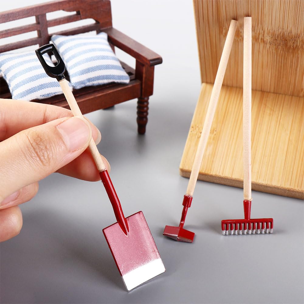 1:12 Scale Miniature Shovel & Hoe Set - Black Fairy Garden Decor, Tiny Farming Tools for Miniature Gardens & Dioramas - Perfect for Fairy Houses, Terrariums & DIY Craft Projects