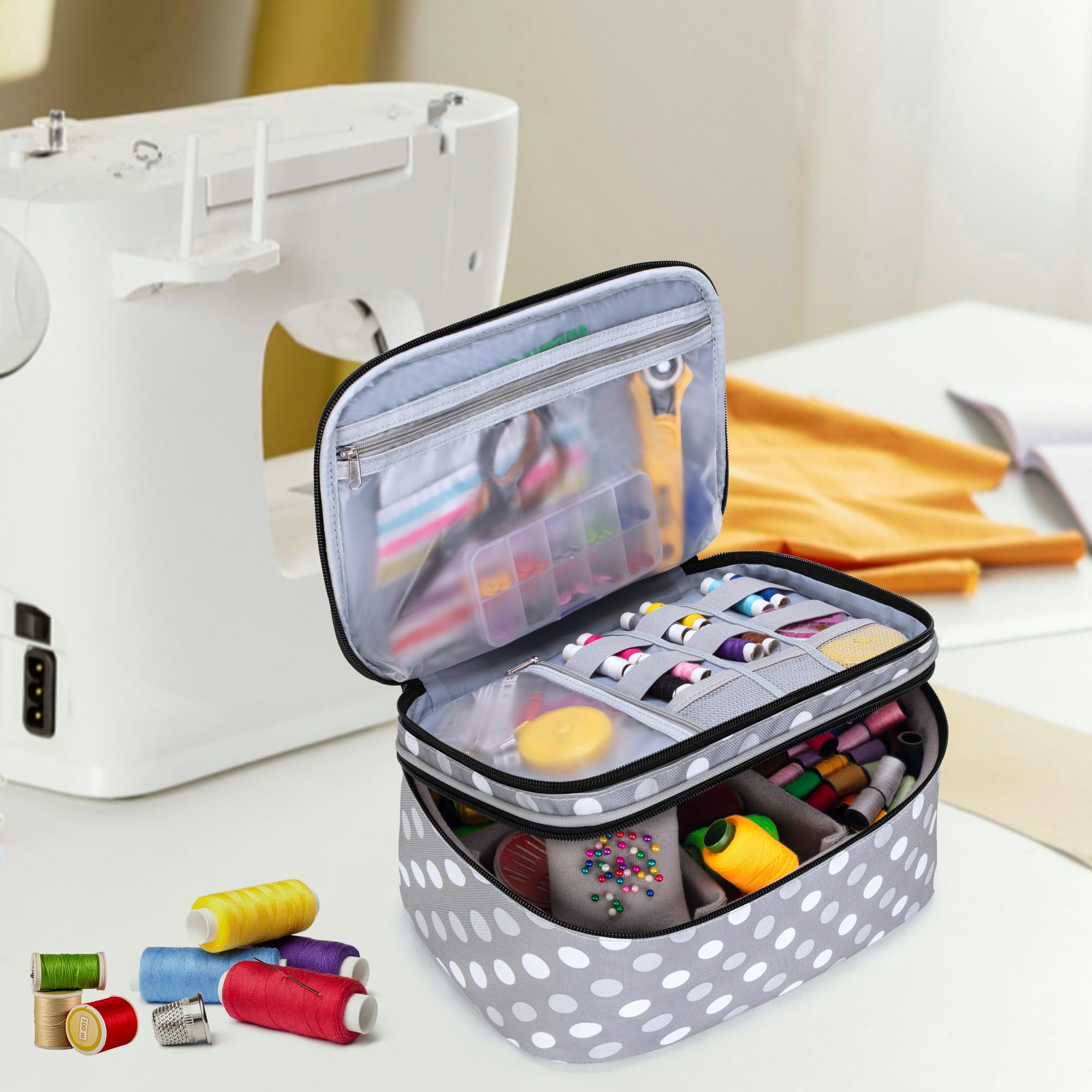 Luxja Double-Layer Sewing Kit Organizer with Pockets - Perfect for Needles, Thread, Scissors, Measuring Tape & Sewing Tools Storage - Large Polka Dot Design - Ideal for Home Sewing, Quilting & Craft Projects