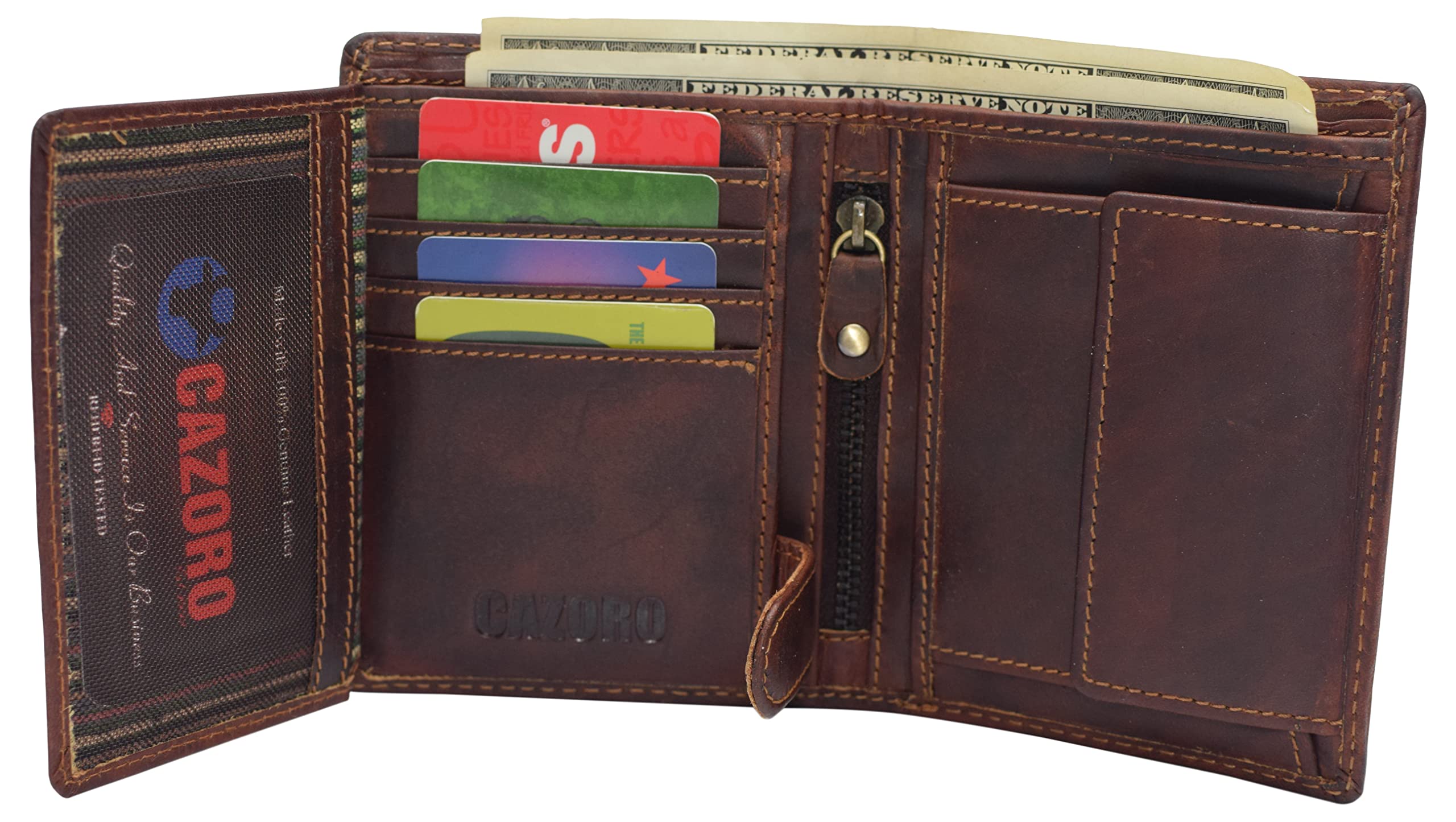 Genuine Vintage Leather RFID Wallet for Men - Bifold & Trifold Design with Snap Closure & 2 ID Windows - Large Capacity Card Holder (Vintage Brown) | Perfect for Everyday Use, Travel & Business