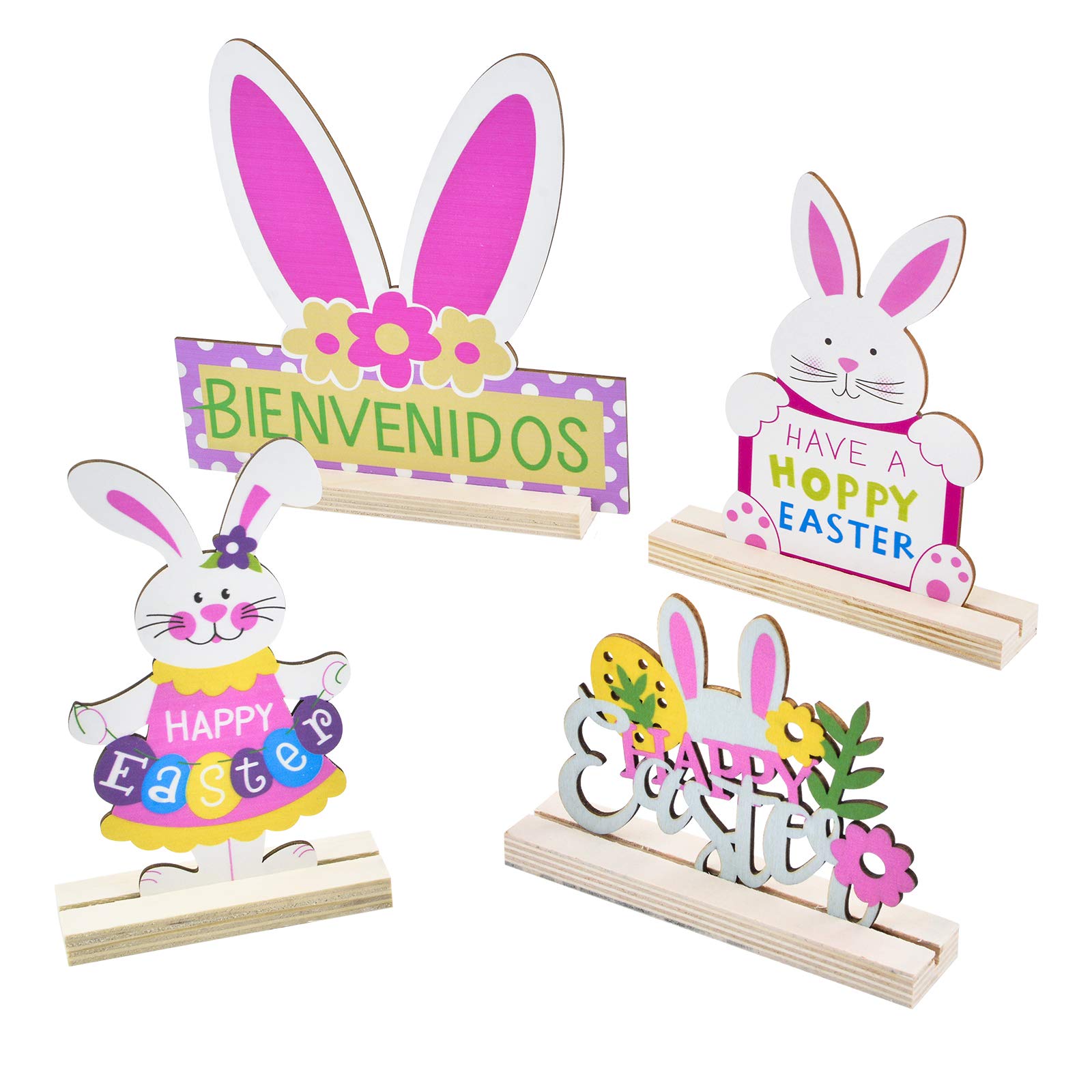 4pcs Wooden Easter Bunny Decorations - Handcrafted Wood Rabbit Ornaments for Easter Party Table Decor, Spring Home Decoration & Holiday Centerpiece (Style 2)