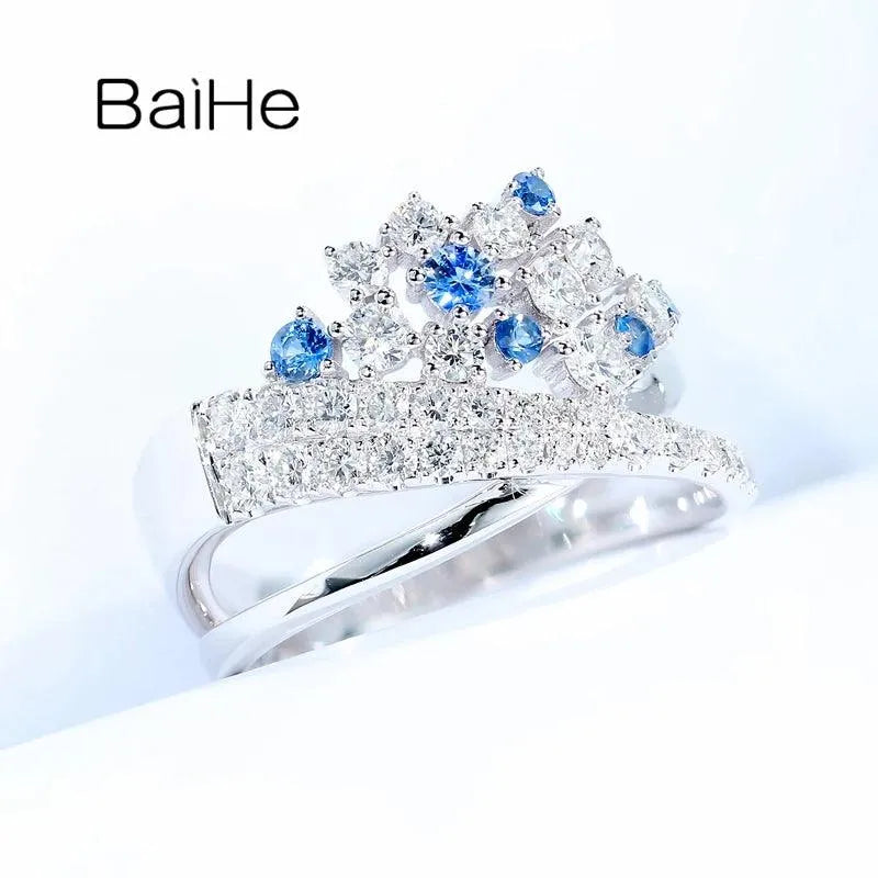 14K White Gold Natural Sapphire & Diamond Crown Ring for Women - Elegant Wedding & Engagement Gift - Fine Jewelry for Bridal, Anniversary & Special Occasions