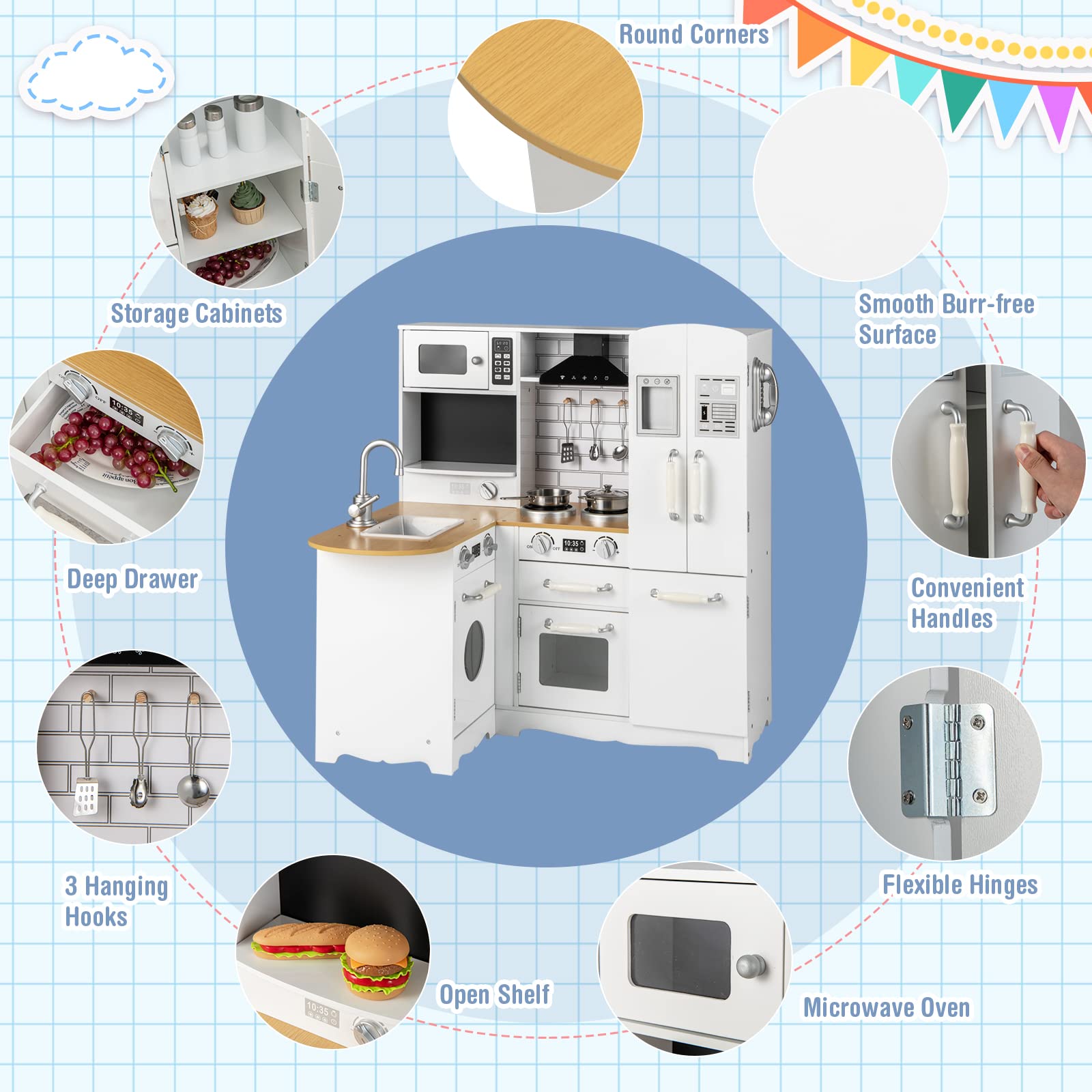 Costzon 11-in-1 Wooden Kids Kitchen Playset with Realistic Appliances - Pretend Play Toy Kitchen Set with Washing Machine, Microwave, Oven, Stove & Refrigerator for Toddlers Boys & Girls - Perfect for Role Play, Preschool Learning & Home Entertainment