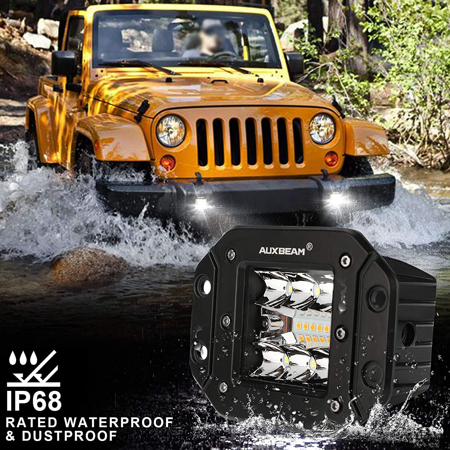 Auxbeam 5-Inch LED Pod Lights 72W Off-Road Light Bar - Flush Mount Driving Strobe Bumper Fog Lights with 6 Modes (White/Amber), Memory Function - Spot Flood Combo for Trucks, ATVs, UTVs, Boats (2-Pack) - Perfect for Off-Roading, Camping & Emergency Vehicles