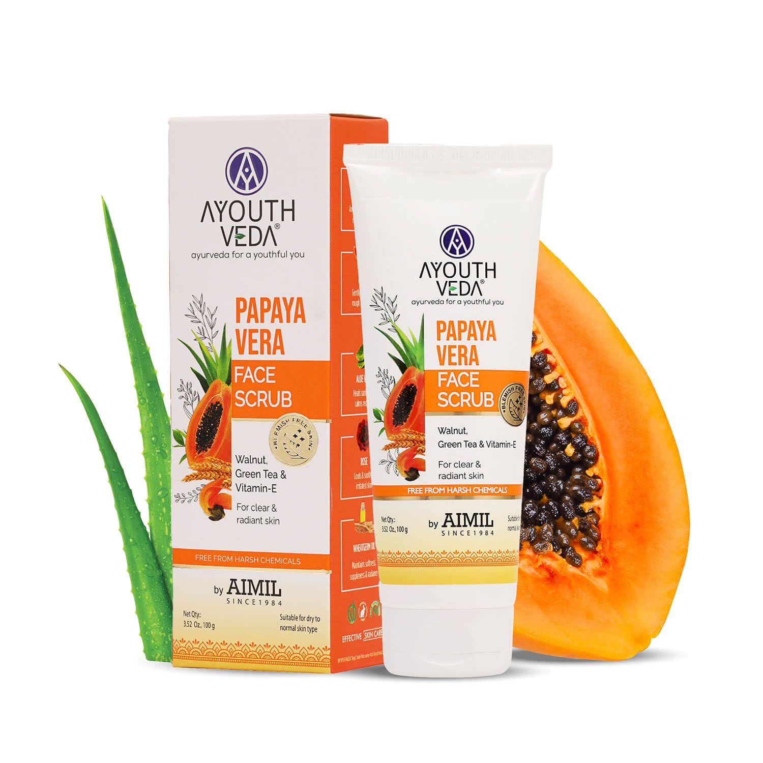 Ayouthveda Papaya Vera Face Scrub with Walnuts, Green Tea & Vitamin E - 100gm Exfoliating Cleanser for Radiant, Glowing Skin - Perfect for Daily Skincare Routine & Acne-Prone Skin