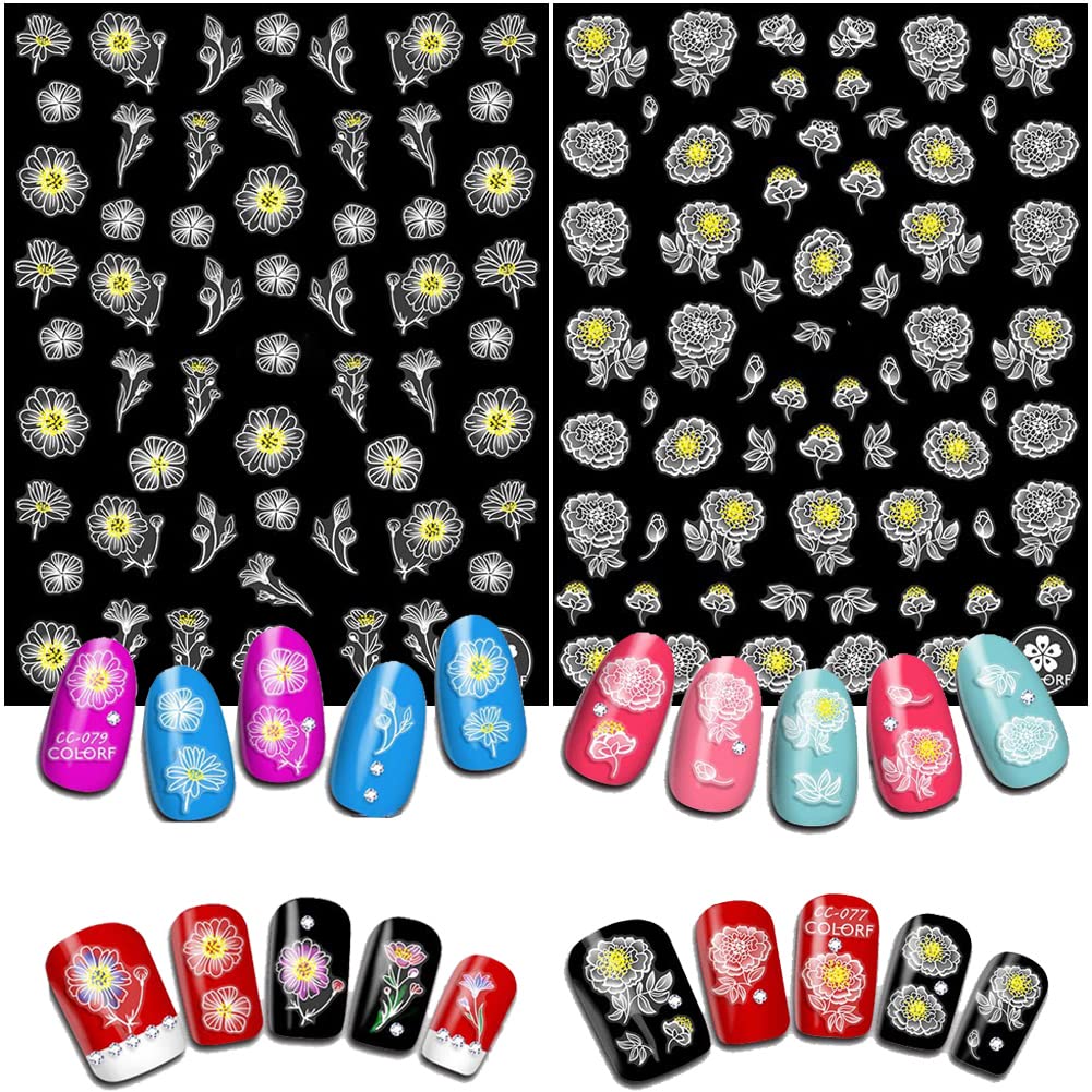 9 Sheets Floral Nail Art Stickers - White Flower Nail Decals, 3D Self-Adhesive Butterfly, Tulip & Cherry Blossom Designs for DIY Acrylic Nails | Perfect for Spring Nail Art, Bridal Manicures & Salon Decorations