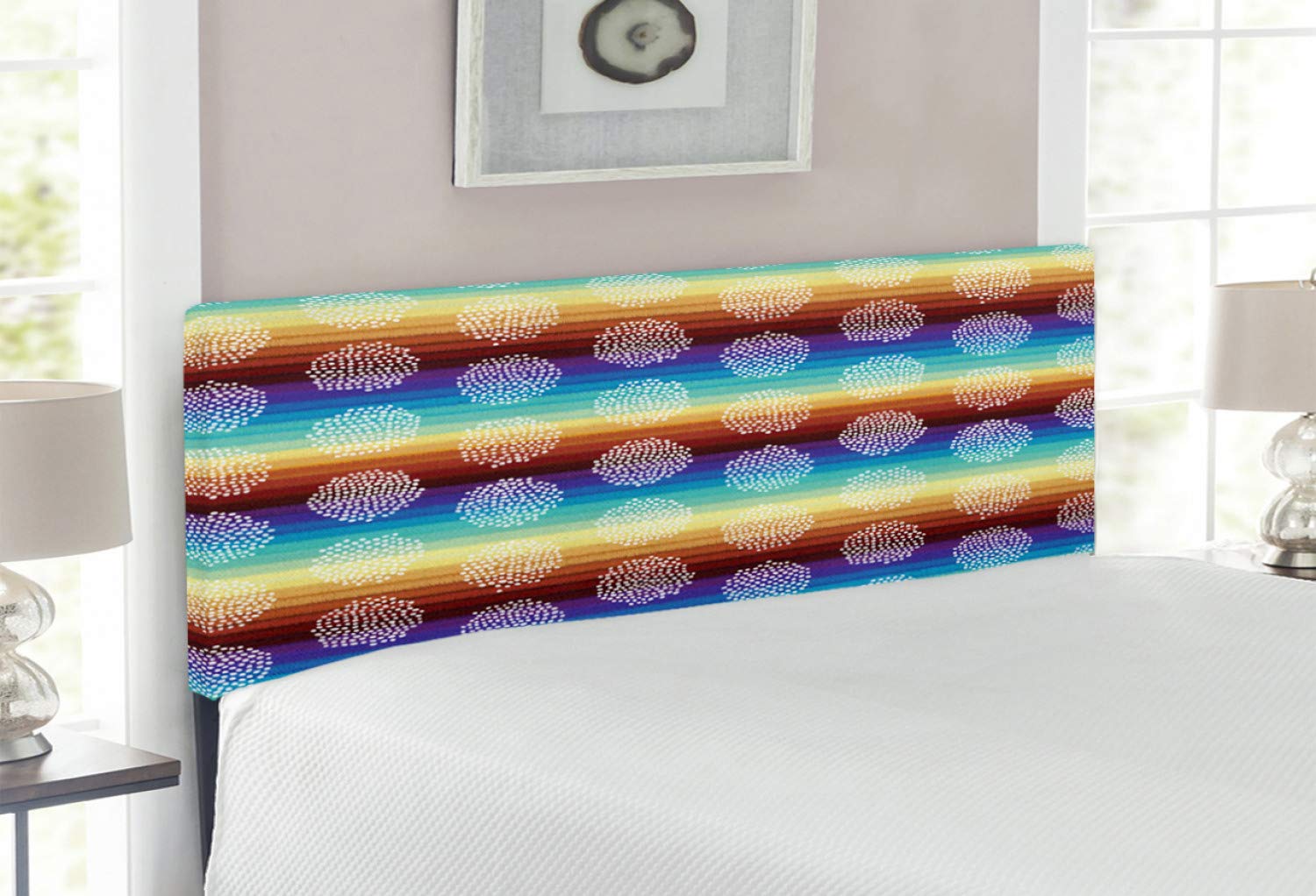 Ambesonne Aztec Bohemian Upholstered Headboard - Full Size Decorative Metal Bed Frame with Memory Foam, Hippie Boho Stripes & Dotwork Circles Design | Perfect for Bedroom Decor, Guest Rooms & Bohemian Style Homes