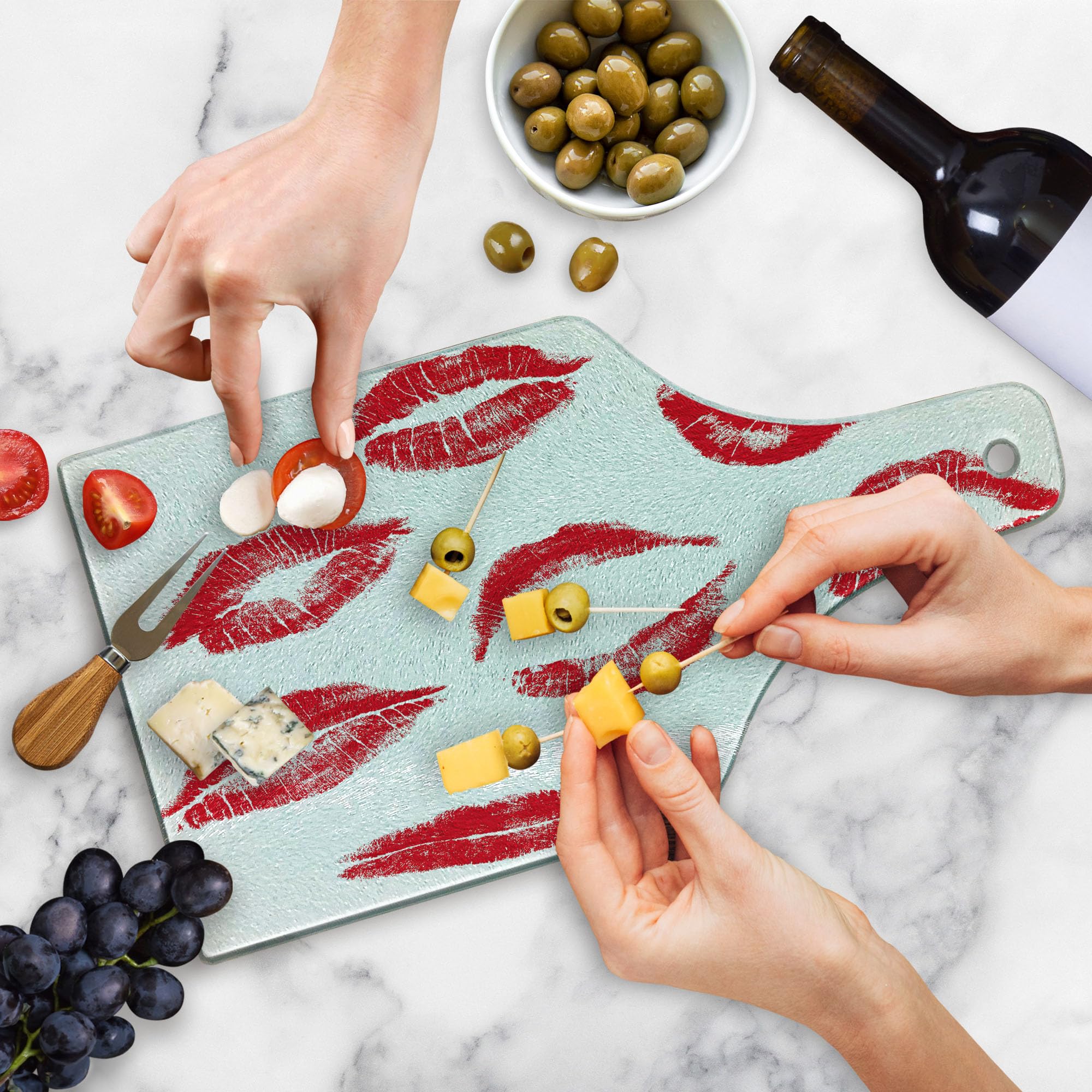 Ambesonne Red Lipstick Kiss Cutting Board - Tempered Glass Serving Board with Seductive Lip Marks, Wine Bottle Shape - Perfect for Romantic Dinners, Wine & Cheese Pairings, and Unique Home Decor