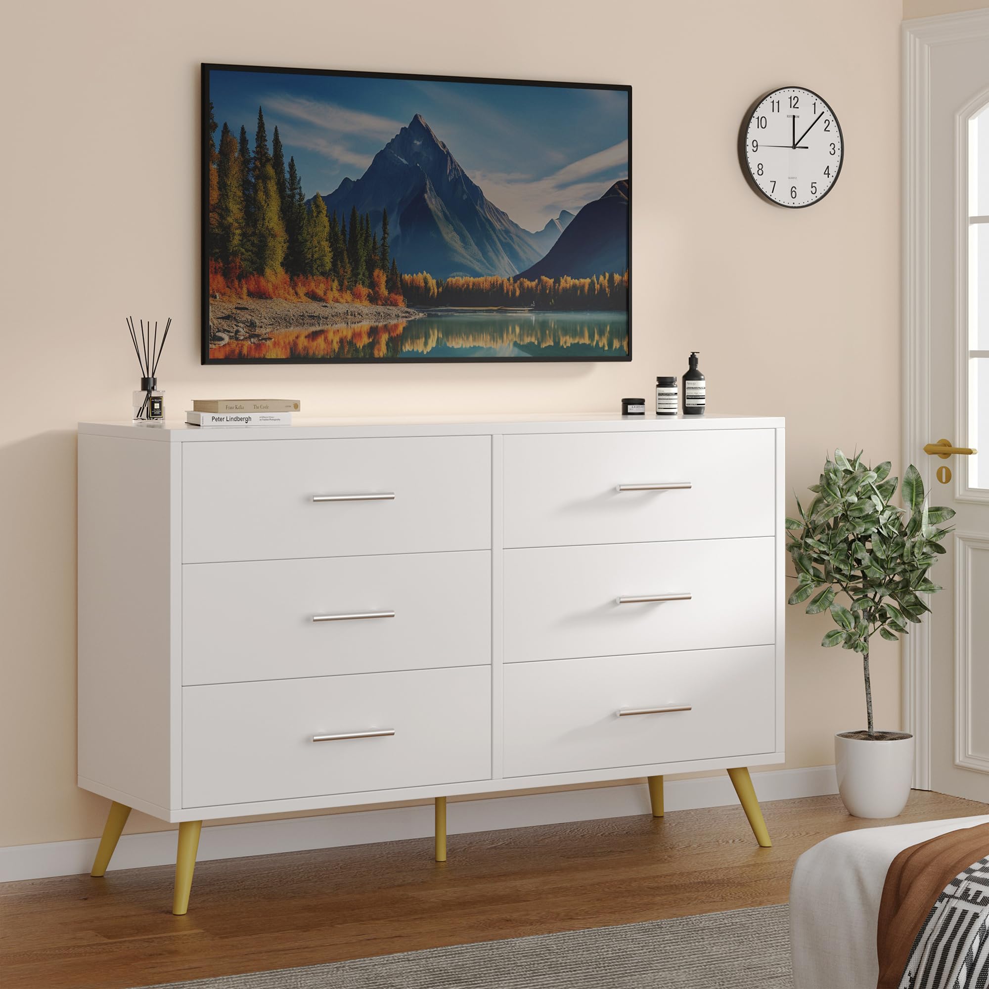 Shintenchi 6-Drawer White & Gold Dresser - Modern Wooden Chest of Drawers for Bedroom, Living Room & Entryway | TV Stand & Storage Organizer for Home Decor & Organization