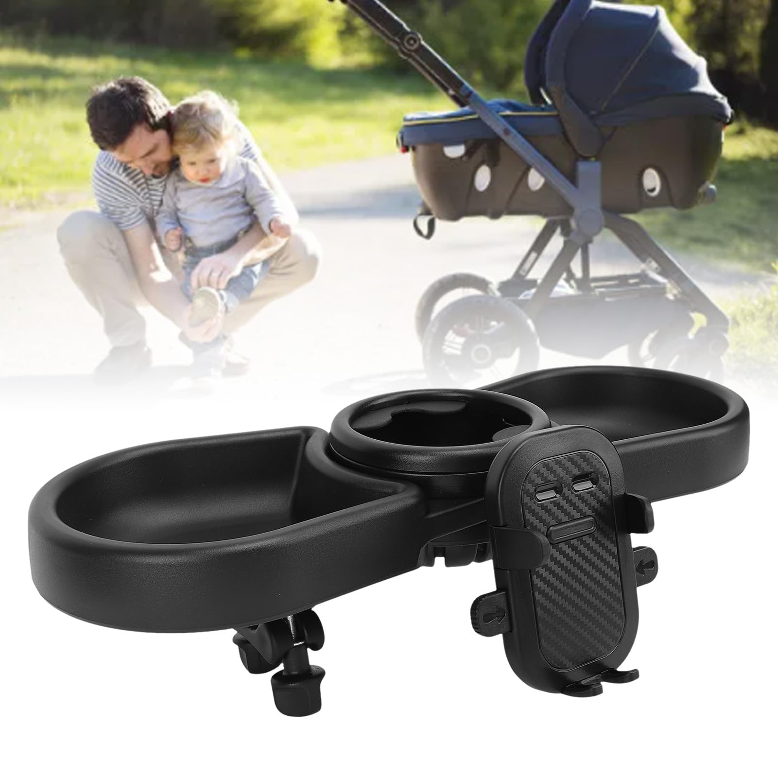 Universal Stroller Cup Holder with Removable Snack Tray - Adjustable Multifunctional Stroller Organizer with Buckle & Hooks - Perfect for Snacks, Drinks & Essentials While Walking, Shopping or Traveling with Baby