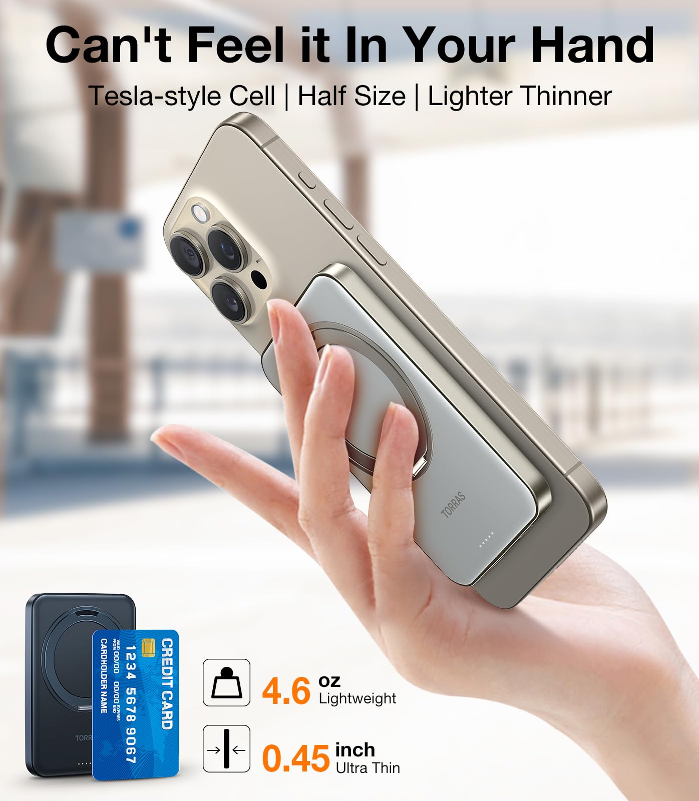 TORRAS 5000mAh Magnetic Power Bank with Stand - Ultra Slim Wireless Charger for iPhone 15/14/13/12 & Samsung Galaxy S24 - Fast Charging Portable Battery Pack (Titan Gray) | Perfect for Travel, Work & On-the-Go Charging