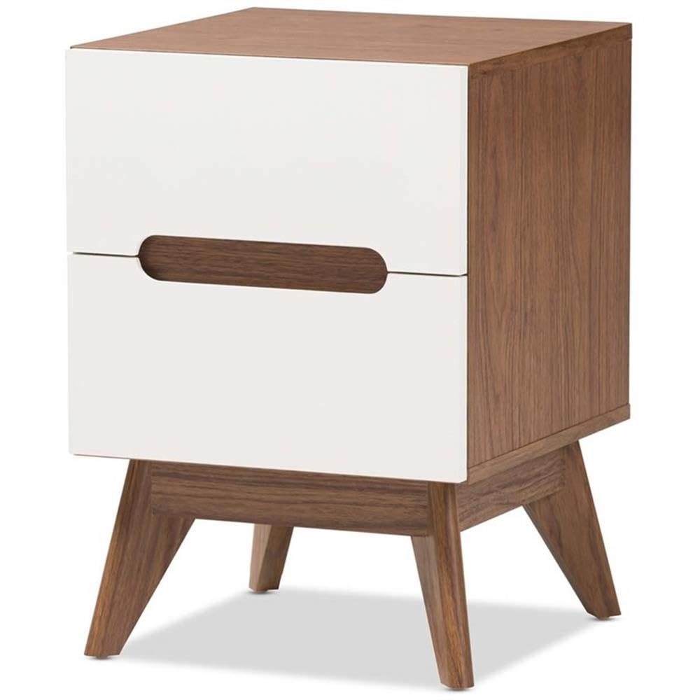 BOWERY HILL Mid-Century Modern 2-Drawer Nightstand - White & Walnut Wood Bedside Table for Bedroom Furniture with Storage