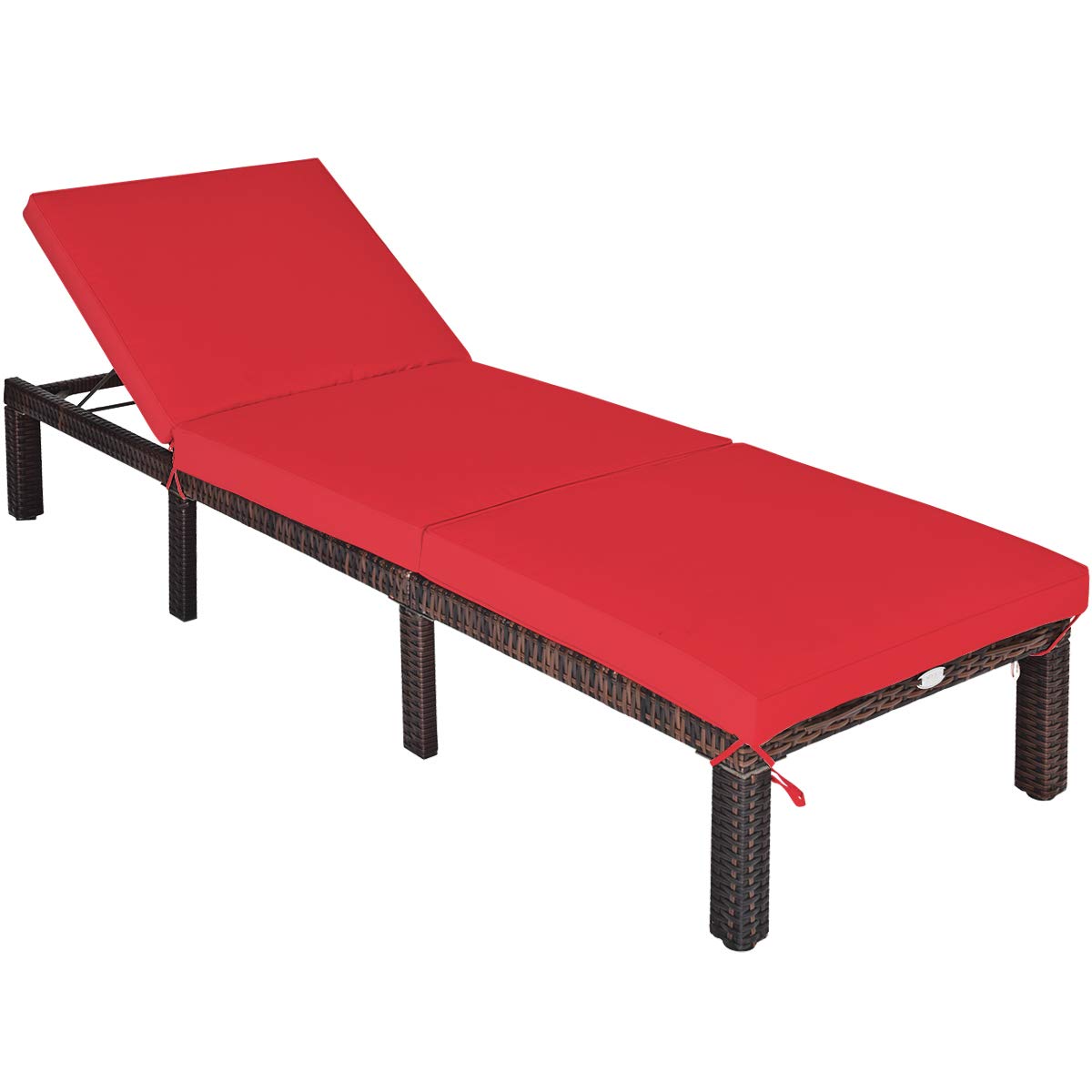 Rattan Lounge Chair Outdoor - Adjustable Backrest Wicker Patio Recliner with Thick Cushion | Garden, Yard, Poolside Relaxation | Red Chaise Lounge (1)