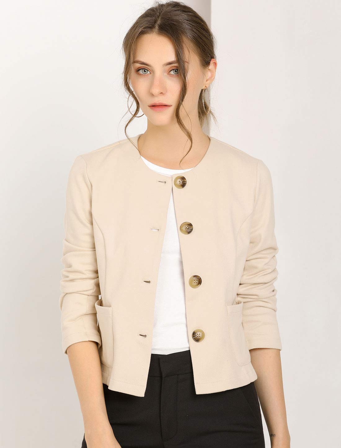 Allegra K Women's Cropped Blazer Jacket - Elegant Long Sleeve Button Down Office Blazer for Spring | Casual Work Wear & Business Attire | Perfect for Office, Meetings, and Professional Events