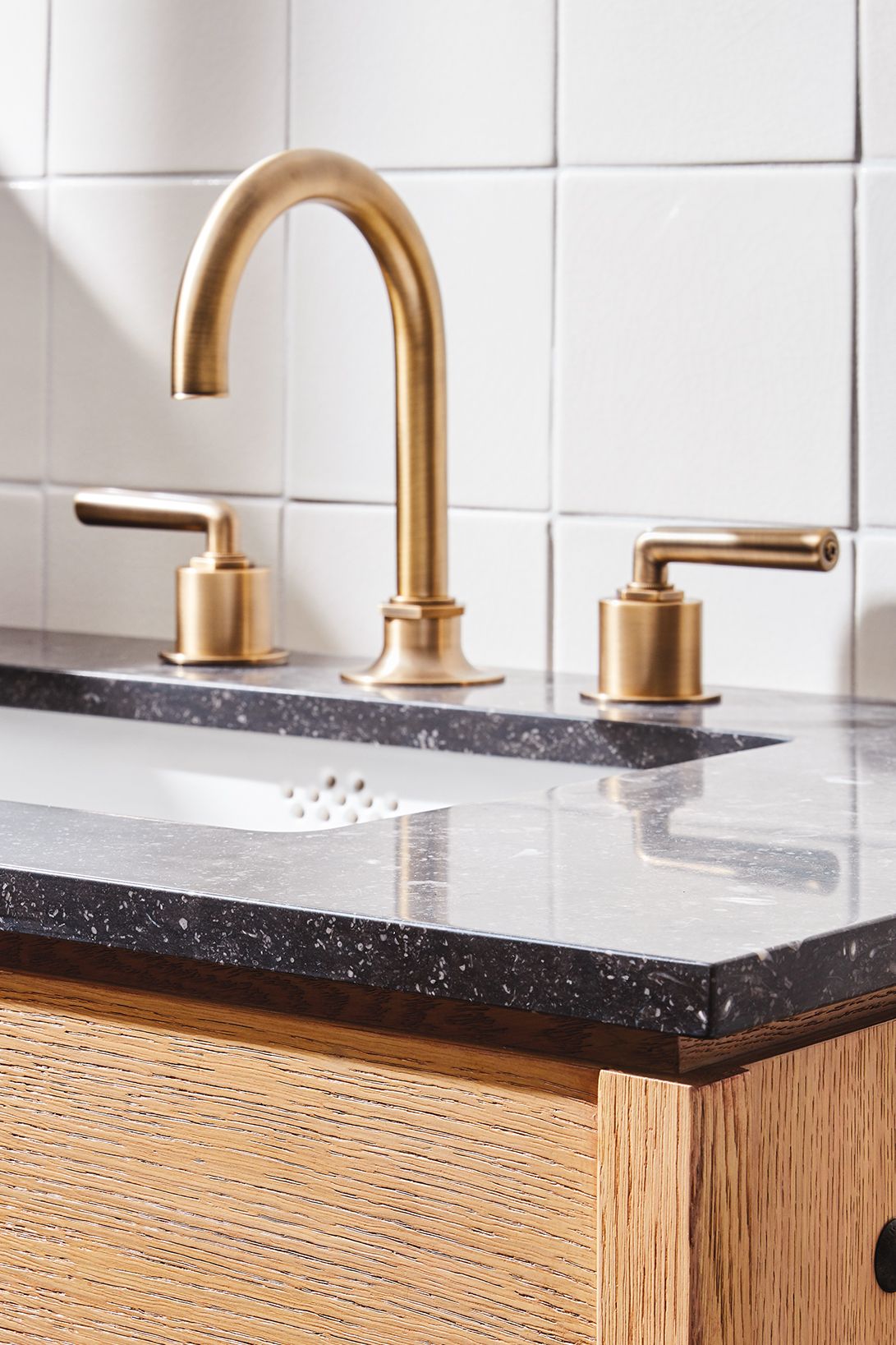 Henry Gooseneck 3-Hole Deck Mount Bathroom Sink Faucet with Brass Metal Lever Handles - Perfect for Modern Vanities, Guest Bathrooms & Powder Rooms