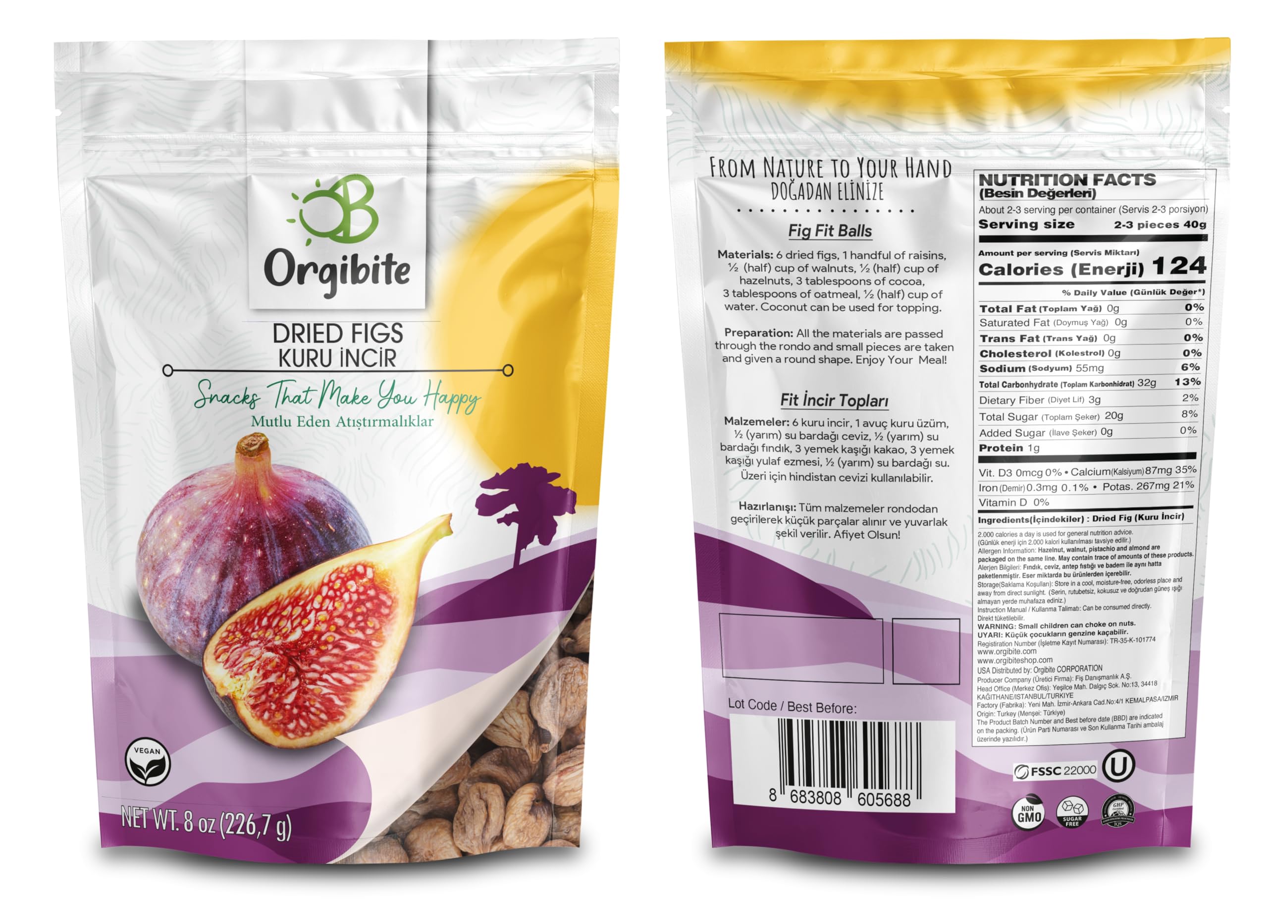 Organic Natural Dried Figs - Healthy Sugar Free & Gluten Free Snack for Kids & Adults | Resealable 8 Oz Pack of 4 | Perfect for Lunchboxes, Hiking & On-the-Go Snacking