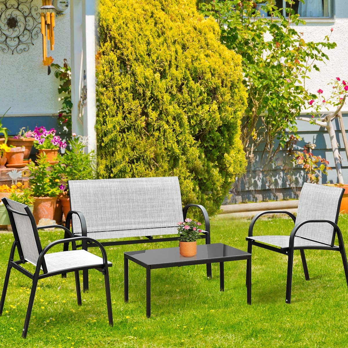 4-Piece Modern Patio Furniture Set with Metal Frame, Loveseat & Tempered Glass Table - Outdoor Conversation Set for Yard, Garden, Poolside, Backyard (Grey) HY-022 | Perfect for Relaxing, Entertaining & Outdoor Dining