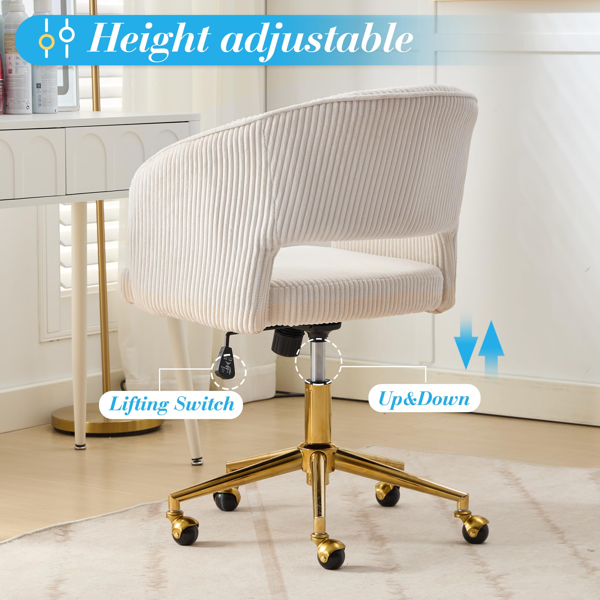 Ergonomic Swivel Office Chair with Corduroy Upholstery & Gold Base - Modern Tufted Desk Chair for Women, Girls, Home & Study - Comfortable Computer Task Stool for Living Room, Bedroom & Home Office (Beige)