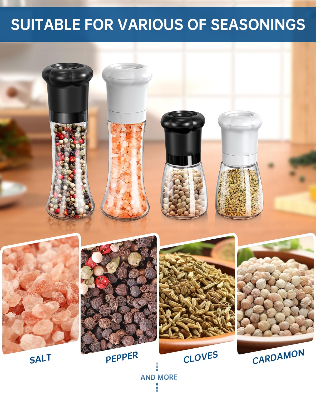 Premium Manual Pepper Grinder - Professional Chef Spice Mill with Ceramic Blades, Adjustable Coarseness & BPA-Free 180ml Glass Container - Ideal for Kitchen, Dining Table & Gourmet Cooking - Short Black Refillable Pepper Shaker