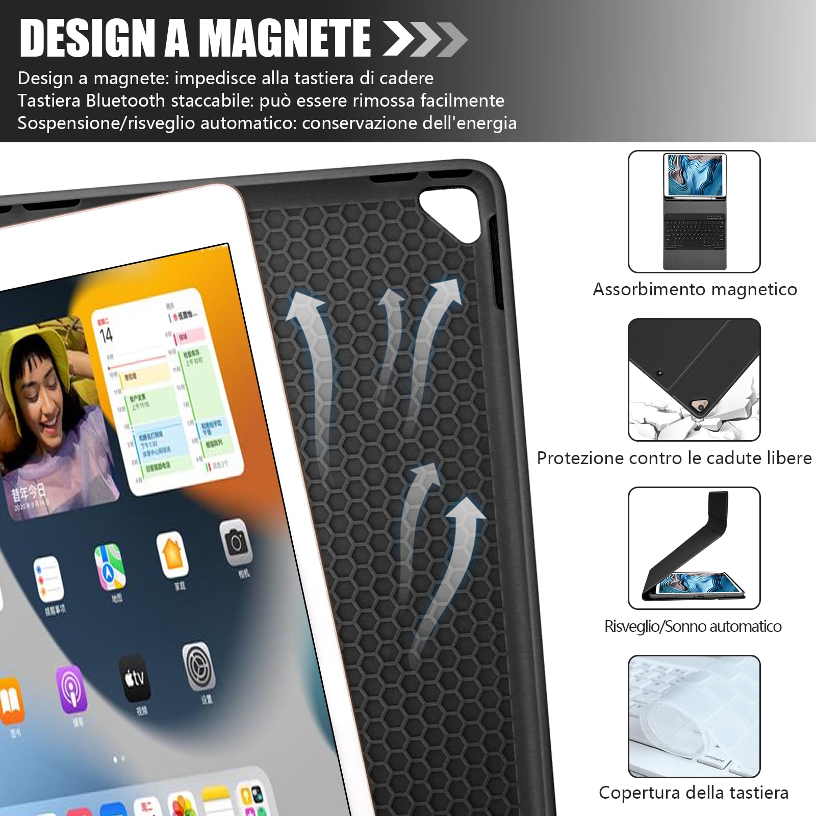 HOTLIFE Magnetic Detachable Bluetooth Keyboard Case for iPad 10.2 (7th/8th/9th Gen 2019-2021), iPad Pro 10.5 & iPad Air 3 - Italian Layout Wireless Keyboard Cover (Black) | Perfect for Work, Study & Travel