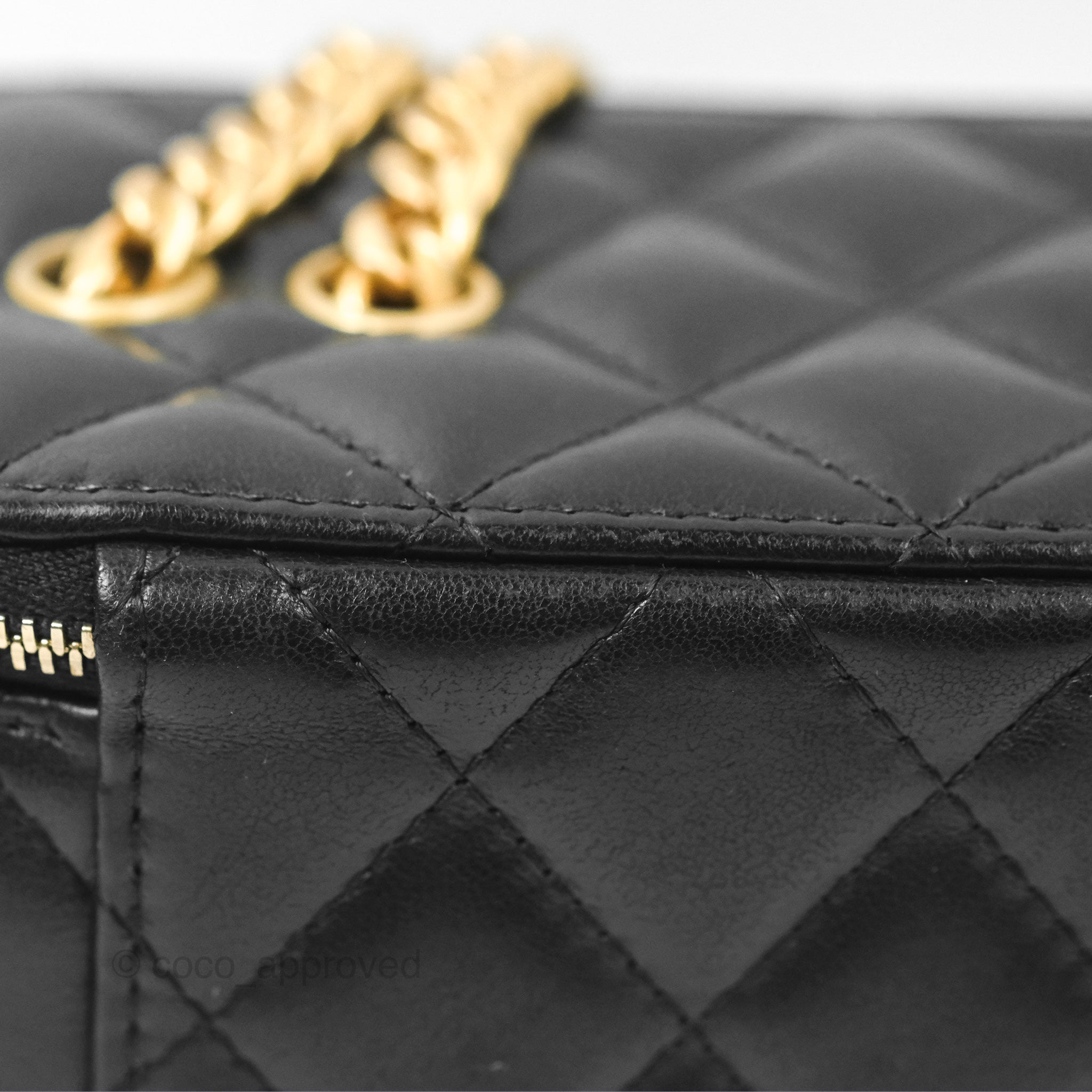 Chanel Adjustable Chain Black Lambskin Vanity Bag with Aged Gold Hardware - Perfect for Evening Events, Parties & Luxury Fashion Accessories