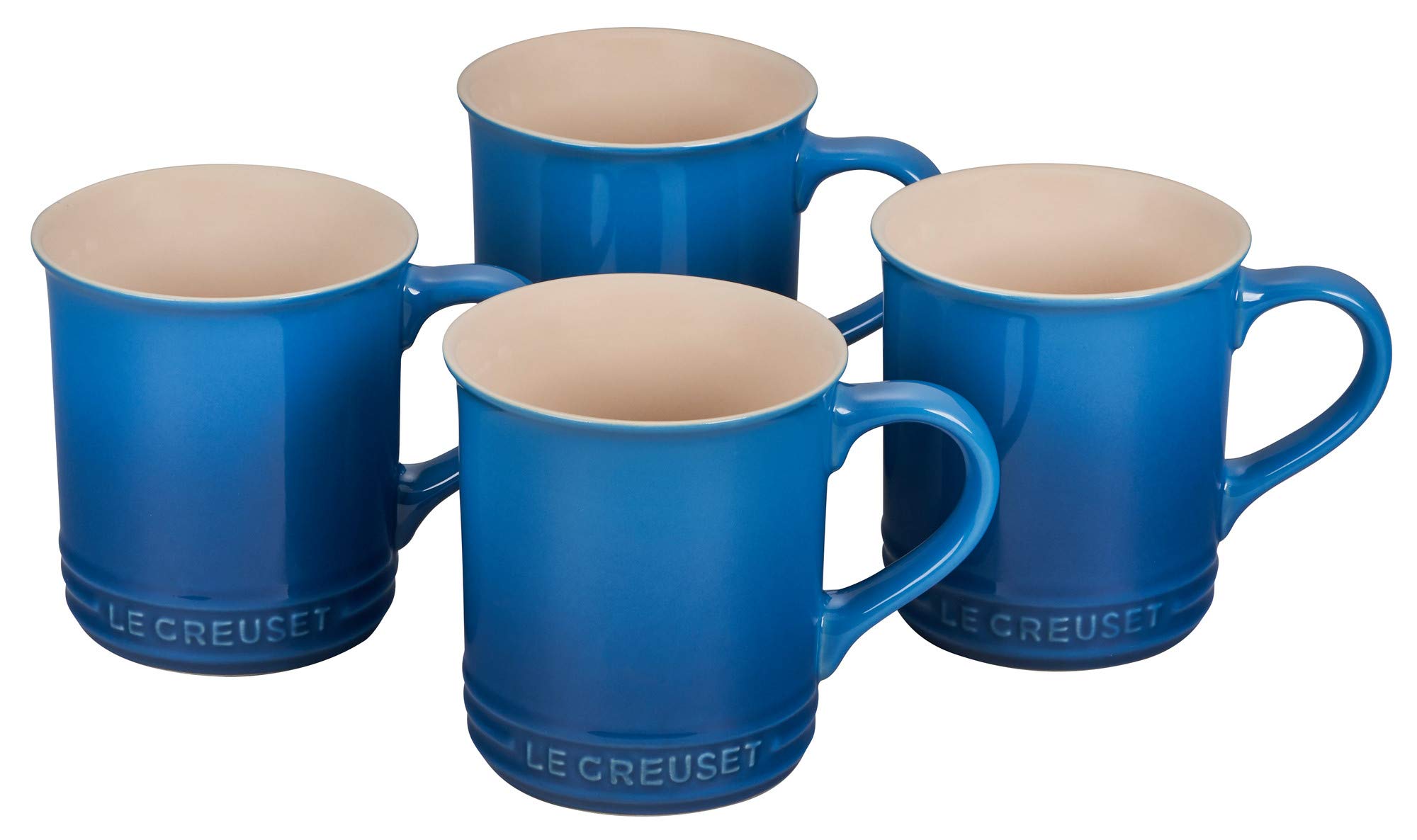 Le Creuset 14 oz Stoneware Coffee Mugs Set of 4 - Marseille Blue - Durable Ceramic Cups for Coffee, Tea & Hot Beverages - Perfect for Home, Office & Gifts