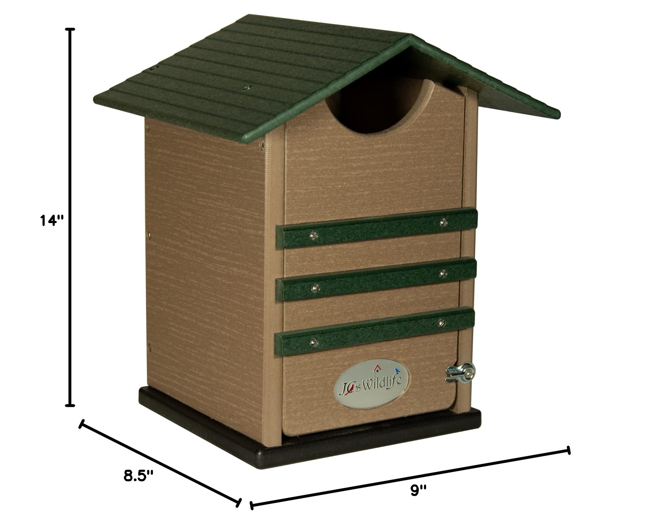 JC's Wildlife Green & Tan Ultimate Poly Screech Owl Nesting Box - Durable Owl House for Screech Owls, Saw-Whet Owls & Kestrels - Easy-Clean Design with Access Door - Perfect for Backyard Birdwatching & Wildlife Conservation