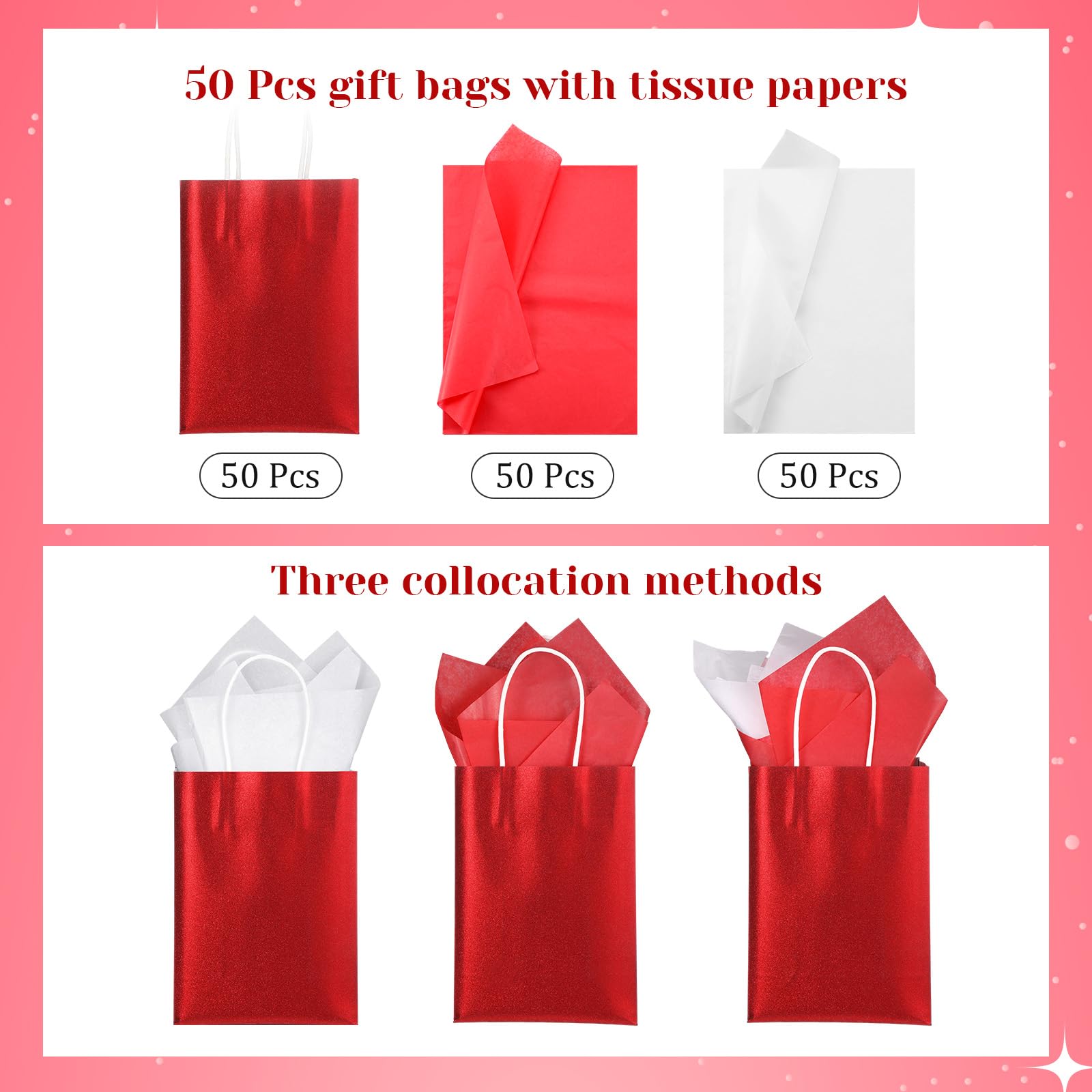 50 Pcs 8.2x5.9 Inch Glitter Kraft Paper Favor Bags with 100 Tissue Wrapping Paper - Bulk Wedding, Bridal, Baby Shower & Birthday Gift Bags with Handles (Red) - Perfect for Christmas Gifts, Party Favors and Special Occasions