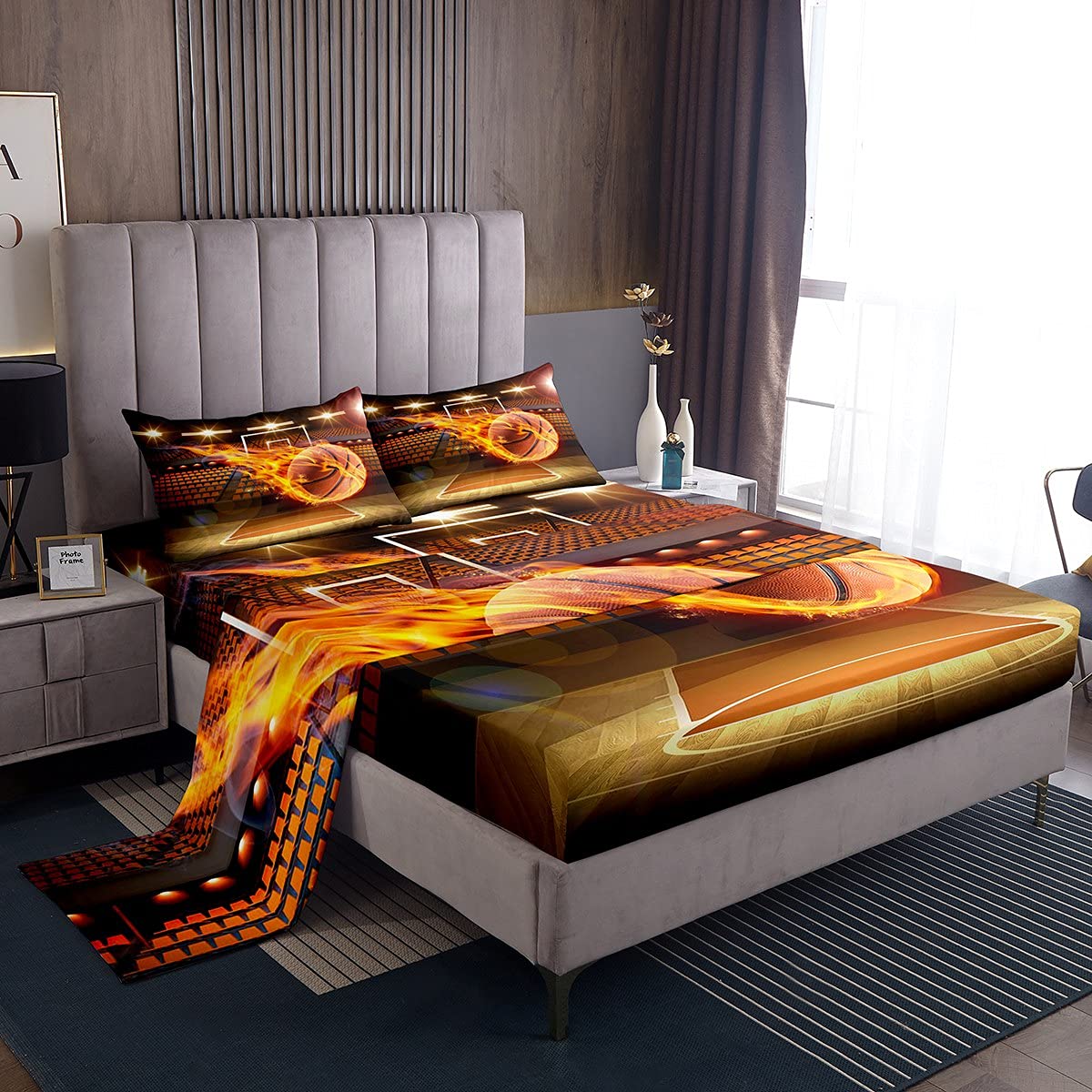 Basketball Bedding Set - Flame Design Fitted Sheet & Pillowcase for Sports Fans